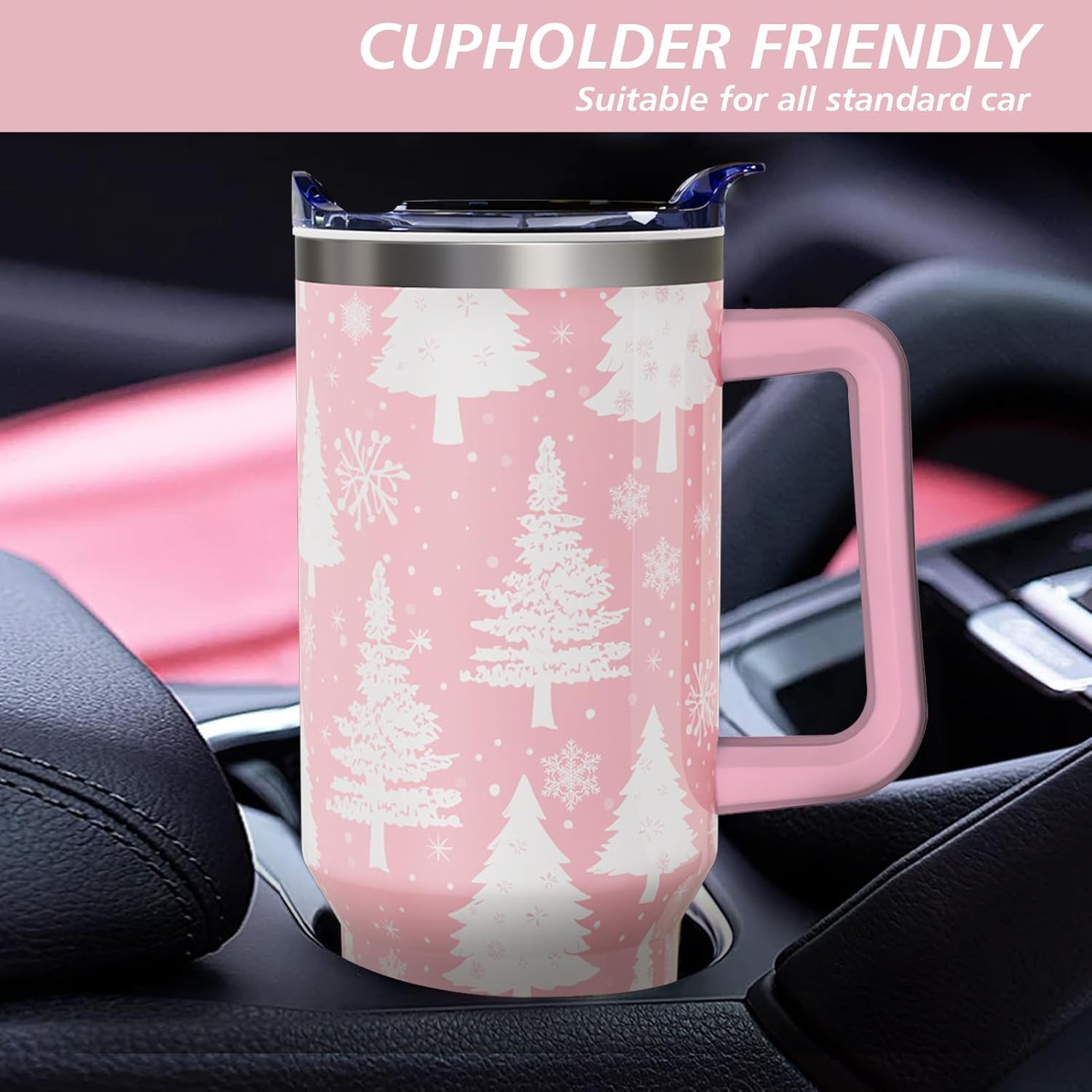 White Christmas Trees 40oz Tumbler Cup with Handle and Straw, Retro Xmas Snowflake Gifts for Women Girls, Winter Holiday Stainless Steel Water Bottle 1PC - Image 7