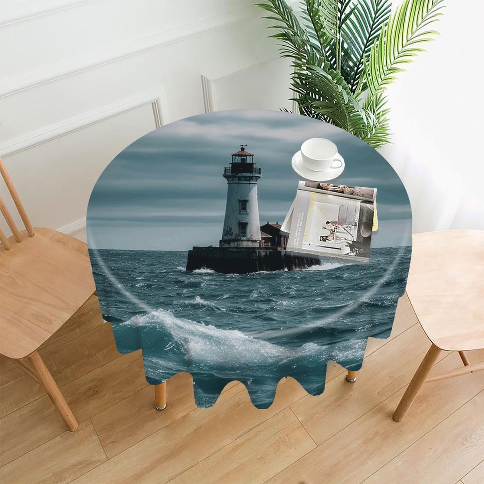 MUSM 60 Inch Lighthouse Ocean Round Tablecloth Wipeable Washable Table Cover for Kitchen and Dining Room Decorative Table Cloth for Party Holiday Picnic Outdoor