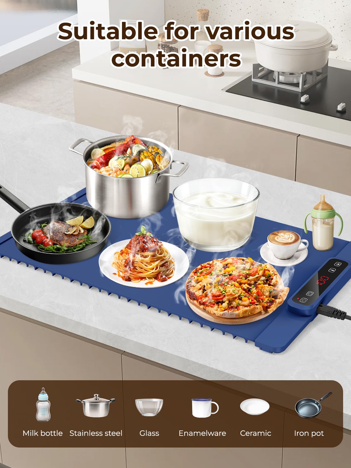 Calentador eléctrico de buffet – Placa caliente plegable con temporizador de 4 horas, 5 ajustes de calor y alfombrilla impermeable para servir alimentos sin esfuerzo, mantener el calor