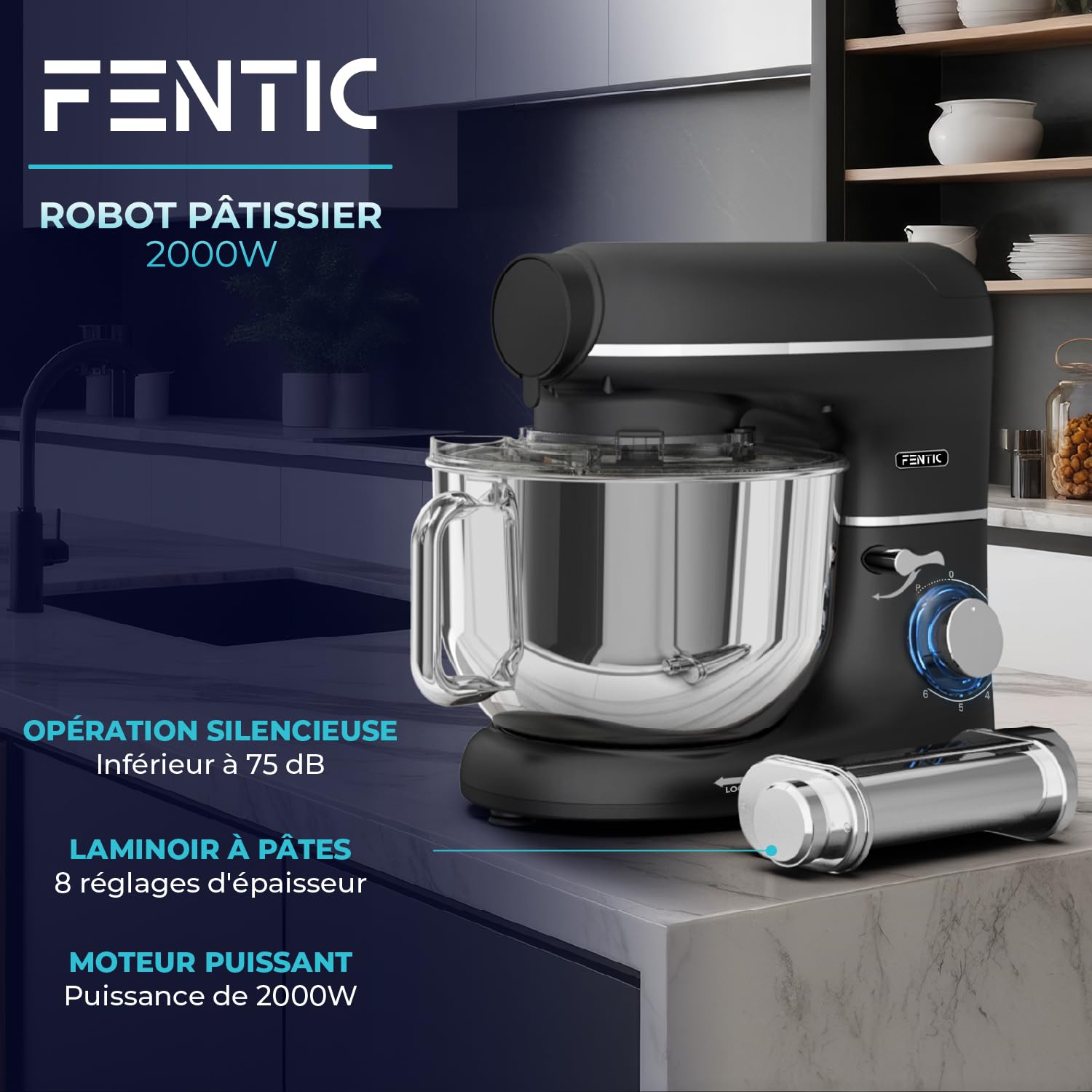 Robot Pâtissier avec Machine a Pates Fraiche – 2000W – Robot Cuisine avec Machine a Pate – Laminoir a Pate - 6,2L Bol Mélangeur (Noir)