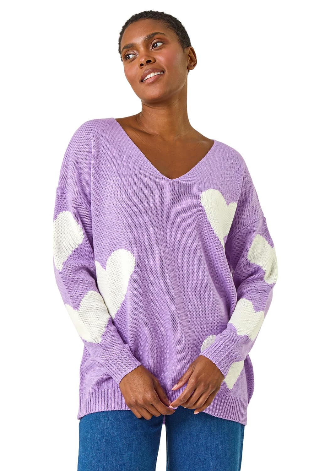 Roman Women's Lilac V-Neck Heart Detail Knit Jumper In Size 12