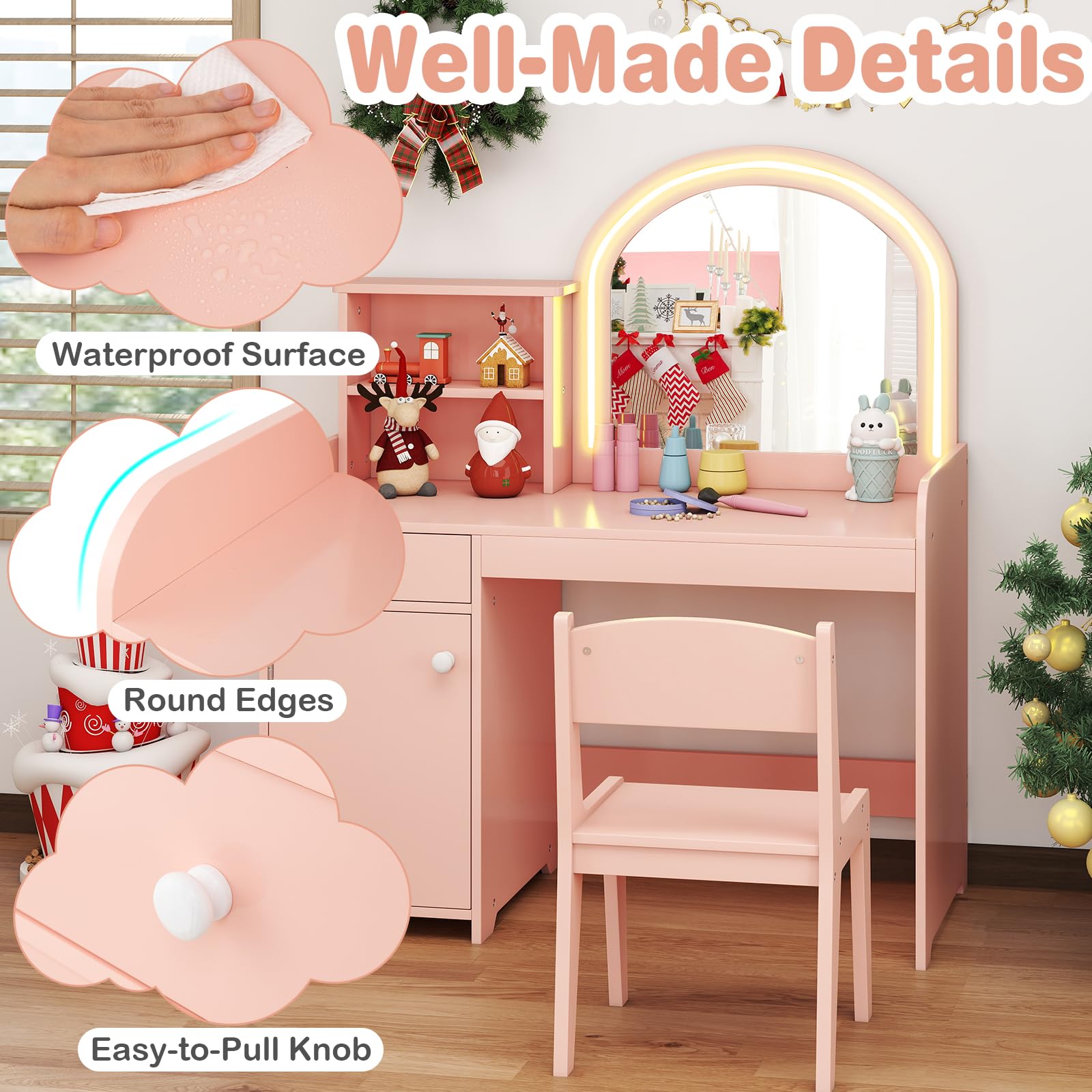 LIFEZEAL 2 in 1 Tavolo da trucco per bambini con sedia, tavolo da trucco ragazza con specchio LED e armadietto, tavolo da toeletta in legno con cassetto e scaffale, 3+ anni, carico di 50 kg (rosa