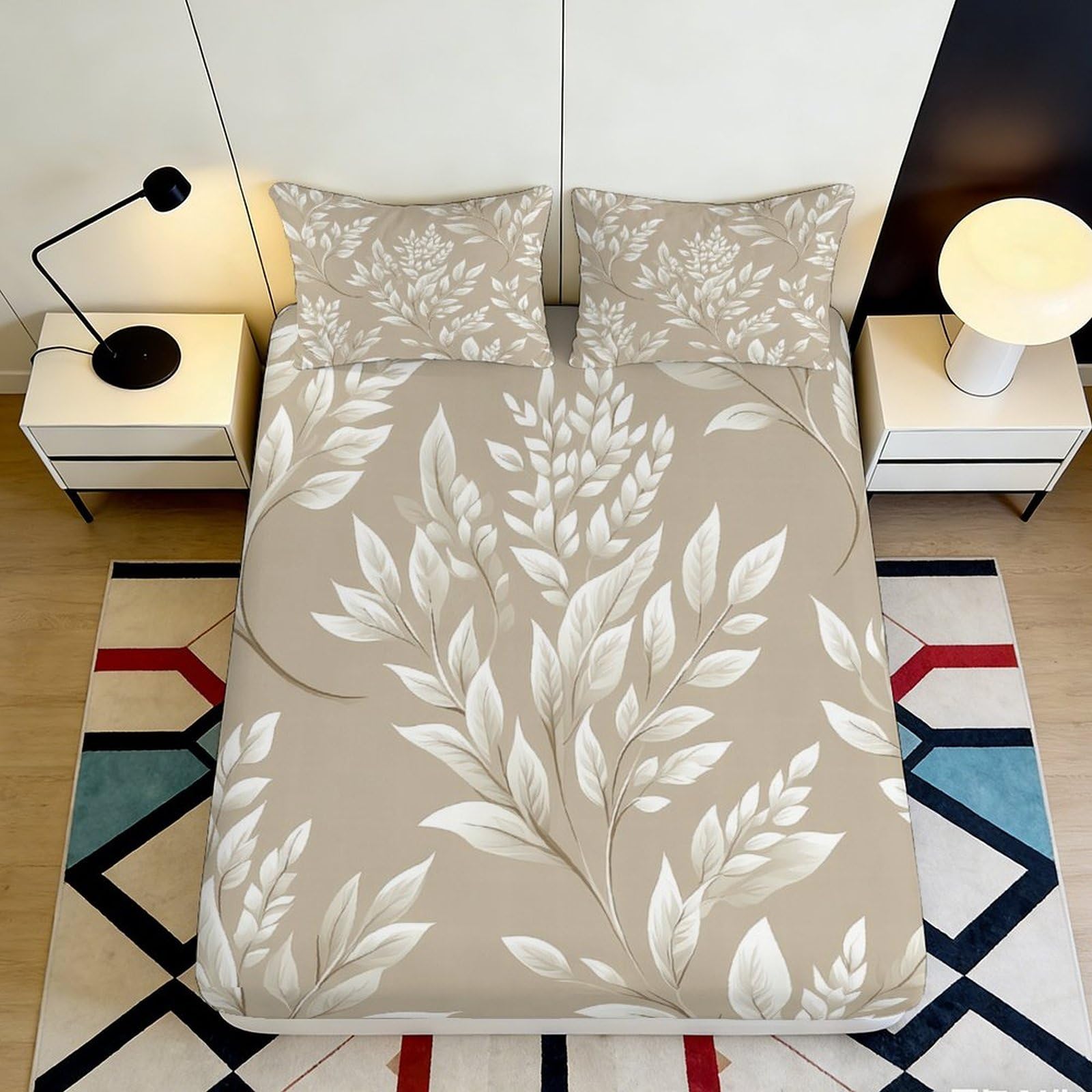 3D Printed Leaf Pattern Fitted Sheet Microfiber Elastic Hem Bedroom Bedding Deep Pocket Botanical Mattress Fitted Cover Non-Slip Washable 140x200x25cm