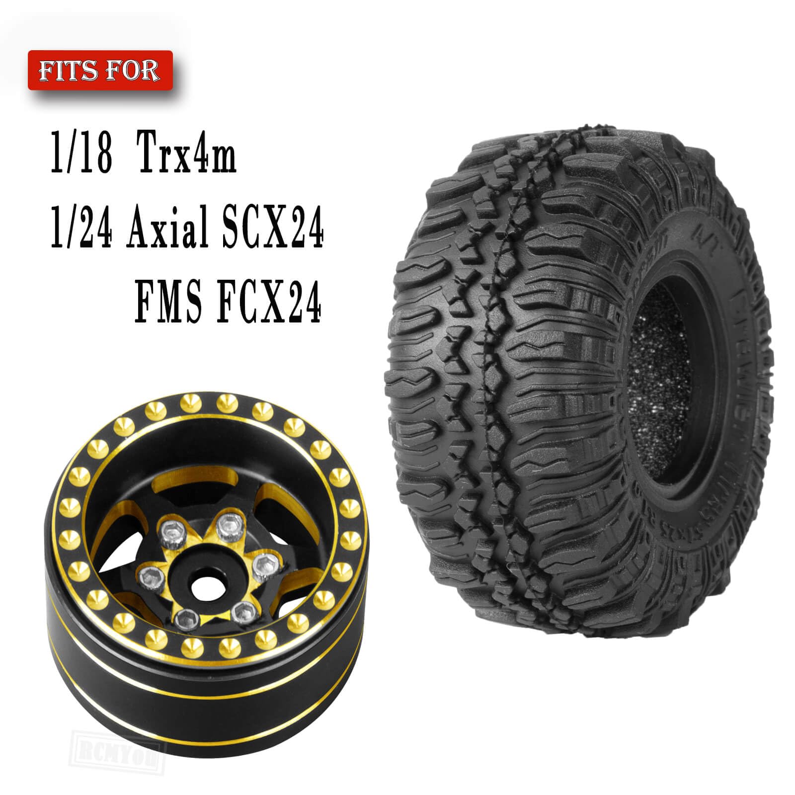 RCMYou RC Full Brass 1.0 Inch Beadlock Wheel Rim & Wheels Tires for 1/18 1/24 Trx4m Axial SCX24 FMS FCX24 RC Crawler Car,4PCS (1.0 Inches) Wheel Rim & Wheels Tires(Black-B)