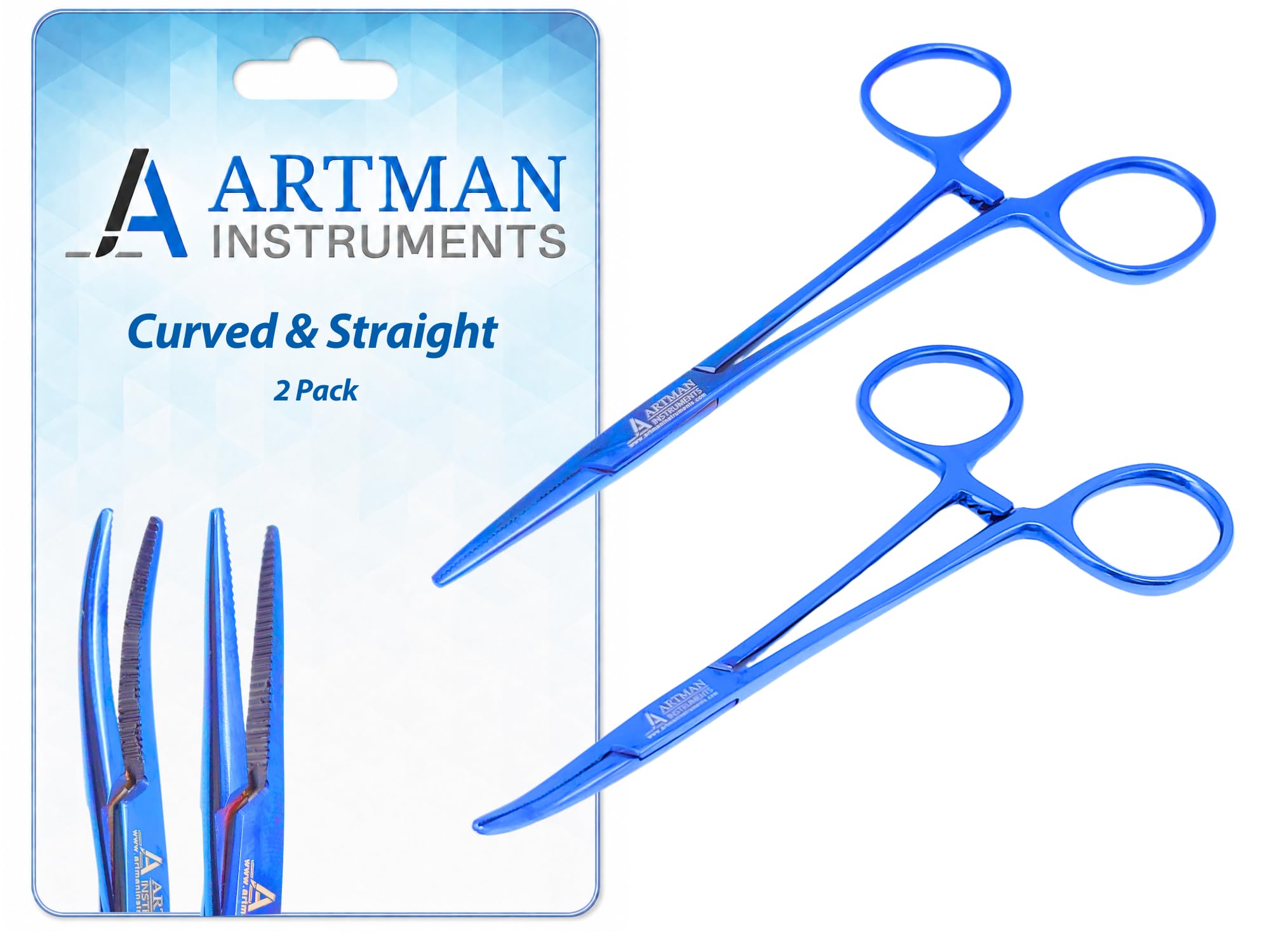 ARTMAN INSTRUMENTS Hemostat Forceps Curved & Straight 5” – Stainless Steel Locking Clamps for Fishing, Fly Tying, Crafts, Dental & Medical Use Serrated Jaws, Precision Grip Blue Plasma (2 Pack)