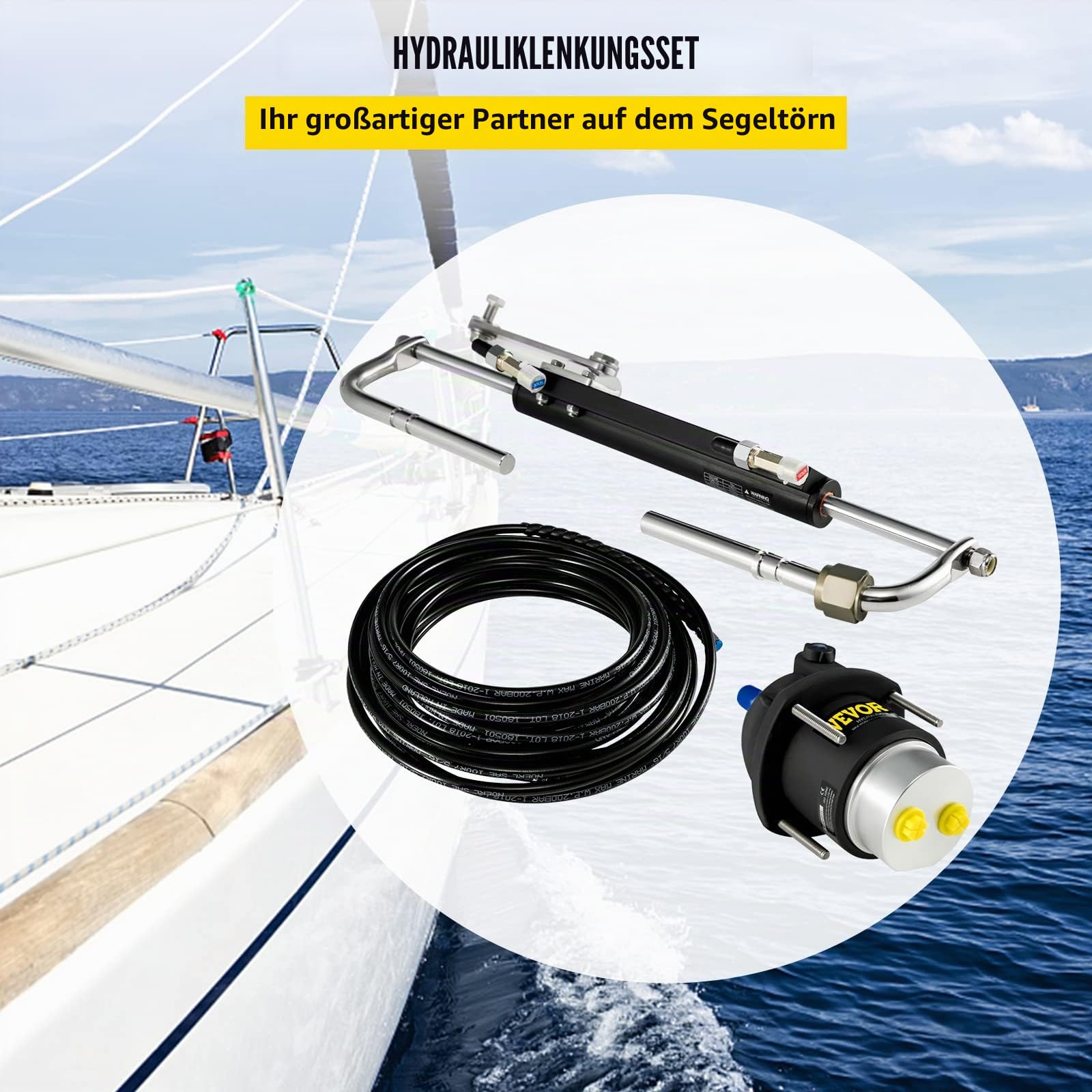 VEVOR Hydraulisches Außenborder-Lenkset 90 PS, Außenborder Hydrauliklenksystem mit Helmpumpenzylinder, Marine-Lenksystem-Satz Schrittweite 200 mm