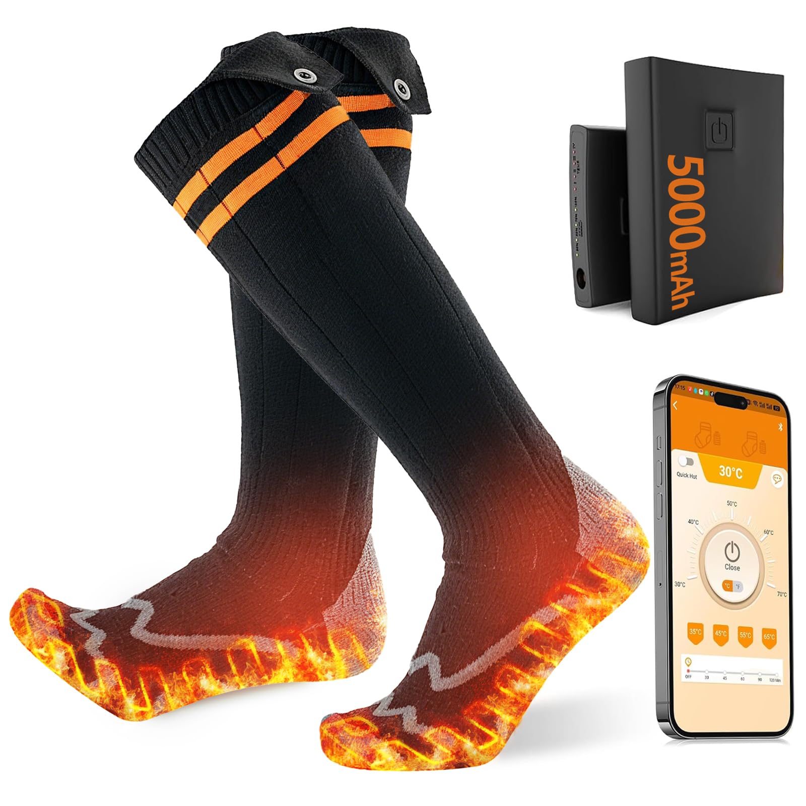 ROCKY&CHAO Beheizbare Socken Damen Herren, 5000 mAh Akku Heizsocken mit Powerbank, 4 Heizstufen Fußsohlenwärme, Waschbare Wärmesocken mit Wäschesack, Ideal für Winter Outdoor-Sport Fußwärmer