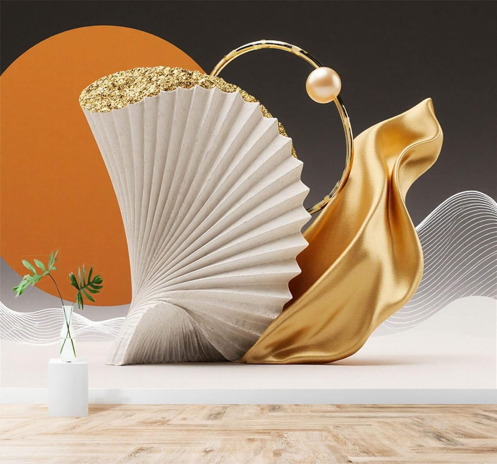 Xlming 400Cm×280Cm(B×H) Abstract Gold Ripples Pearls Fan Shaped Art 3D Wallpaper Silky Texture Home Study Office Grey Dining Room Sofa Bedroom Living Room Tv Backdrop-400Cm×280Cm