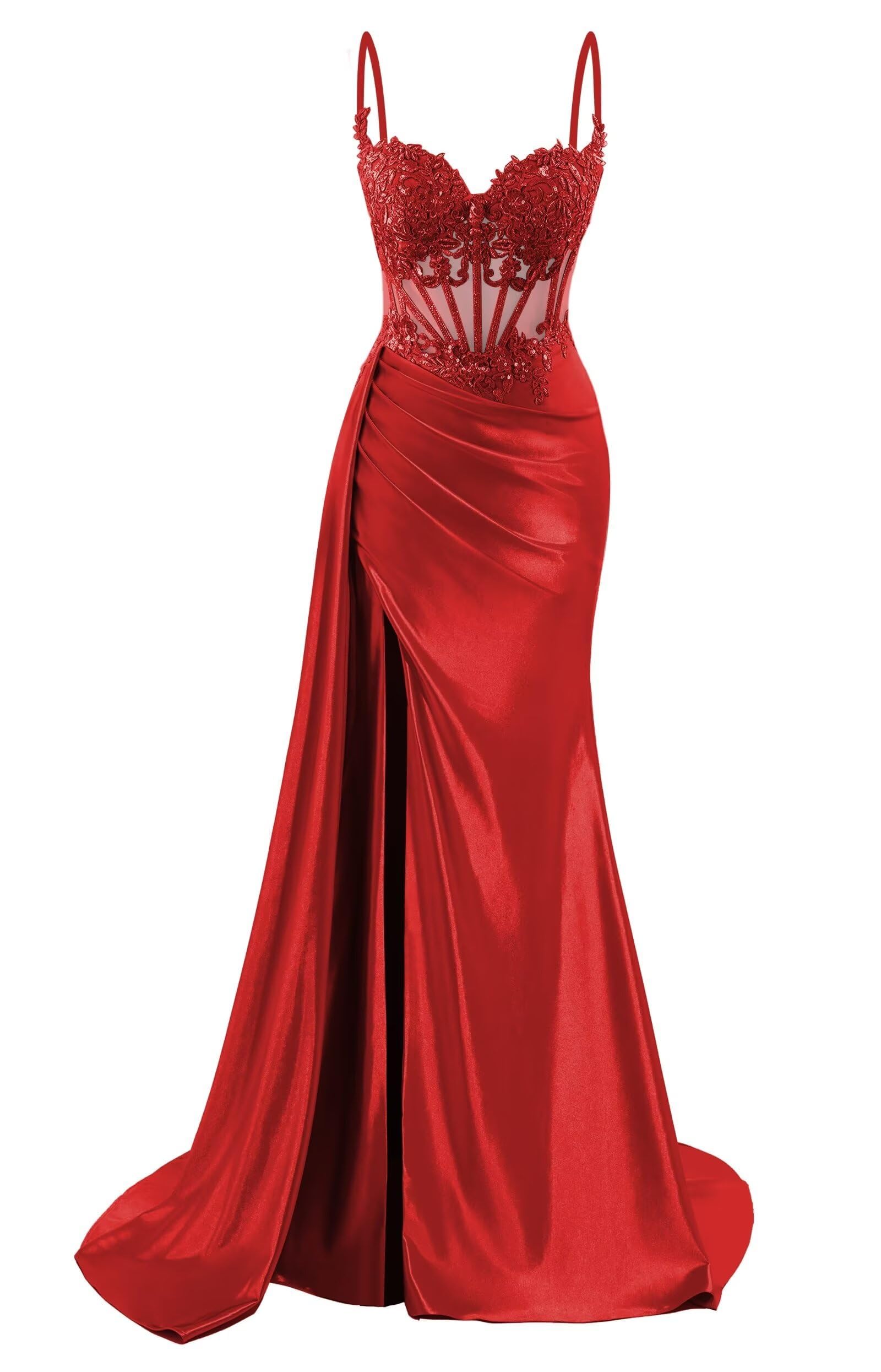 Hppee Women's Red Spaghetti Strap V Neck Lace Applique Prom Dresses For Teens Mermaid Satin Formal Evening Party Gown Uk18