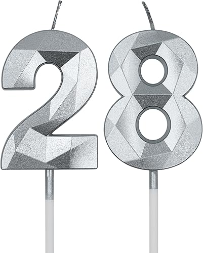 Velas de cumpleaños de 28 y 82 para pastel, número plateado 28 82 3D con forma de diamante, decoración de cumpleaños, suministros de fiesta para
