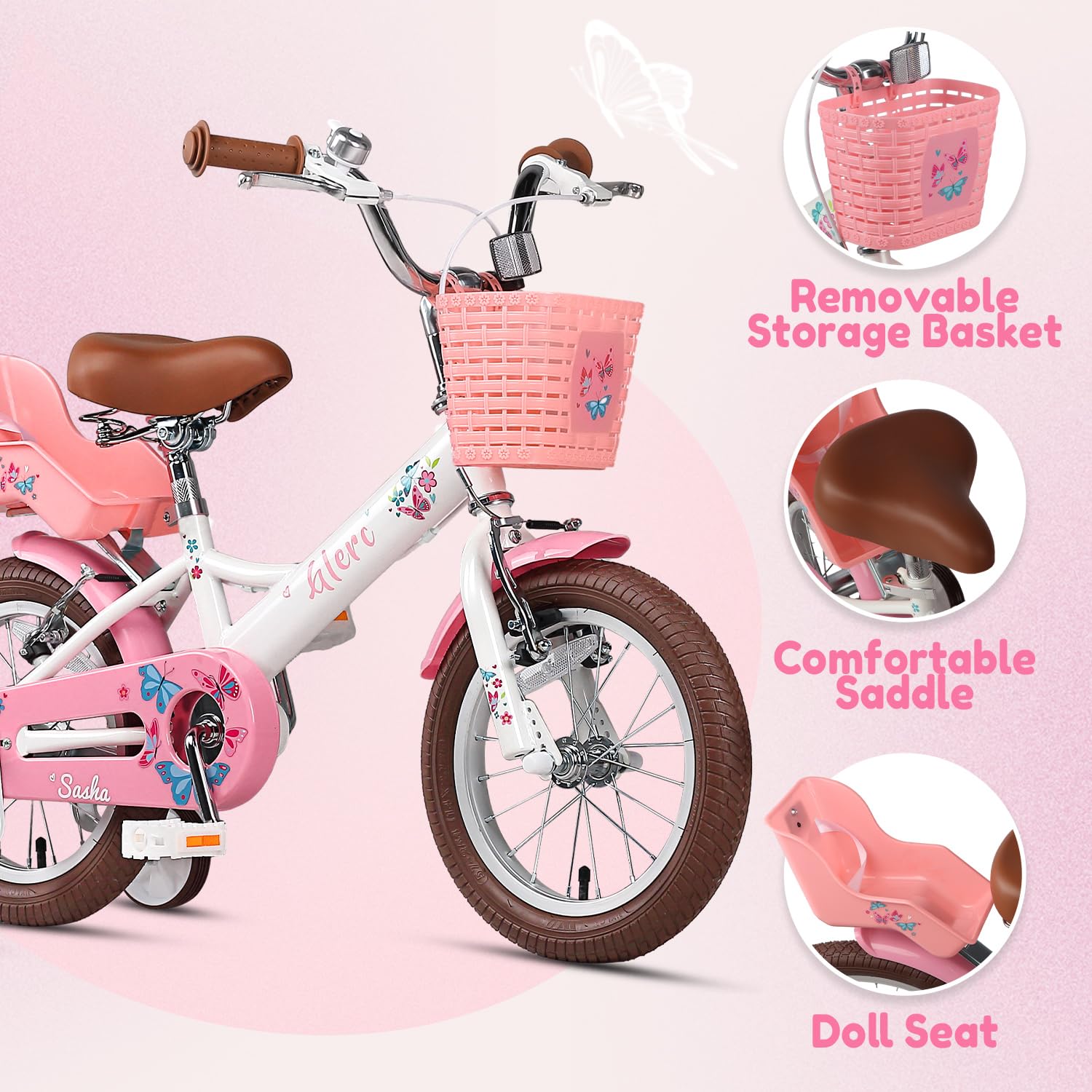 Glerc Sasha 12 14 16 20 Zoll Kinderfahrrad für Mädchen im Alter von 2-12 Jahren Kleine Mädchen Kleinkinder Retro Vintage Stil Kinderfahrräder mit Puppenfahrradsitz & Stützrädern