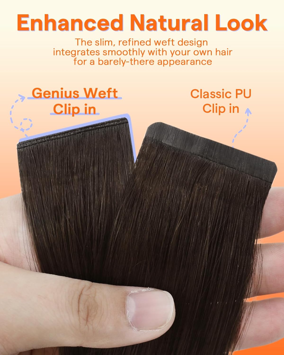 Full Shine Genius Clip in Hair Extensions Human Hair, Dark Brown Seamless Hair Extensions Clip in 18 Inch 120g 7Pcs, Brown Real Human Hair Genius Weft PU Skin for Women