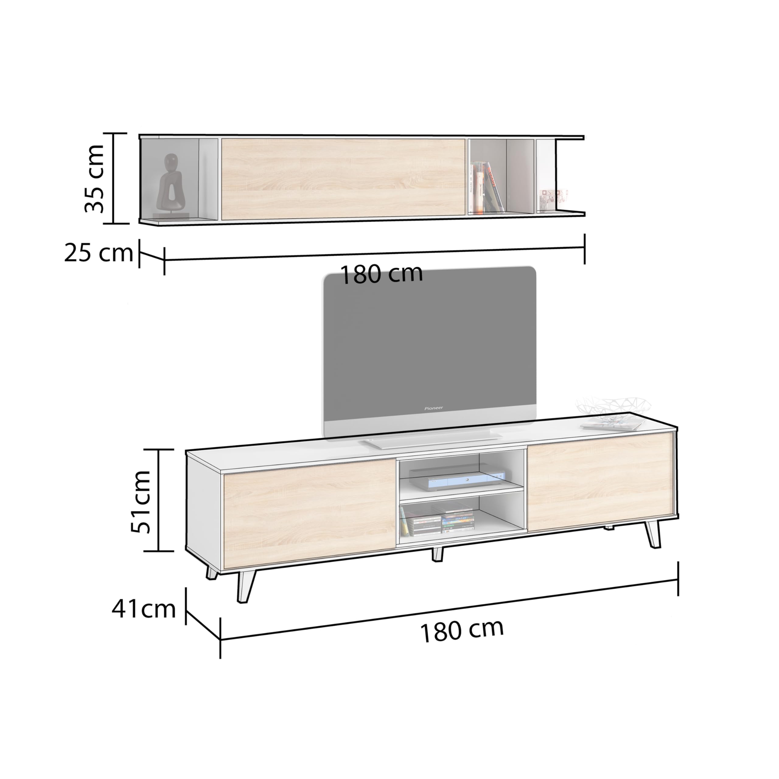 duehome | Mueble de salón, Comedor, Módulo TV + Estante, Modelo Niva, Color Blanco Brillo y Roble Canadian, Medidas: 180 cm (Ancho) x 51 (Alto) x 41 cm (Fondo)