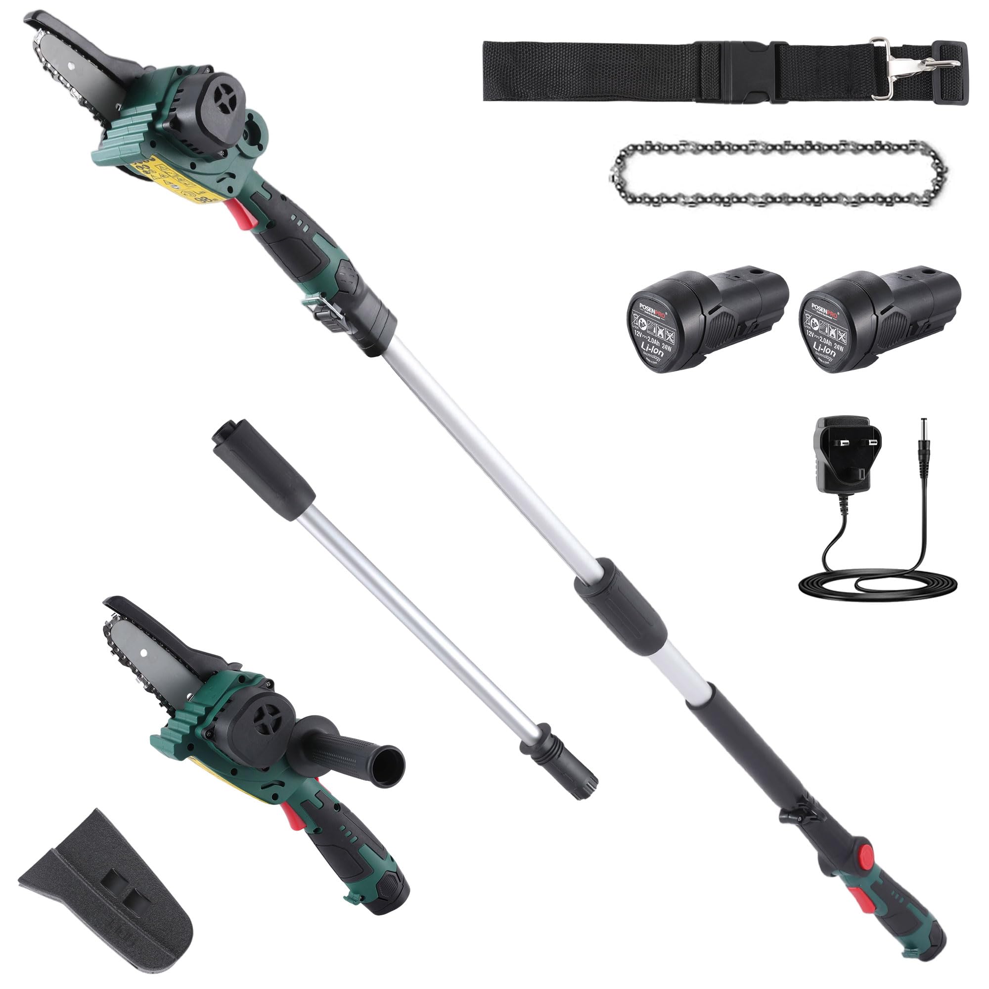 POSENPRO 12V 2-in-1 Electric Pole Saws, 4 Inch Mini Chainsaw Cordless with Extension Pole, Battery Powered Pole Chain Saw, Tree Trimmer Limb Branch Cutter Pruner with 2×2.0Ah High-Capacity Batteries