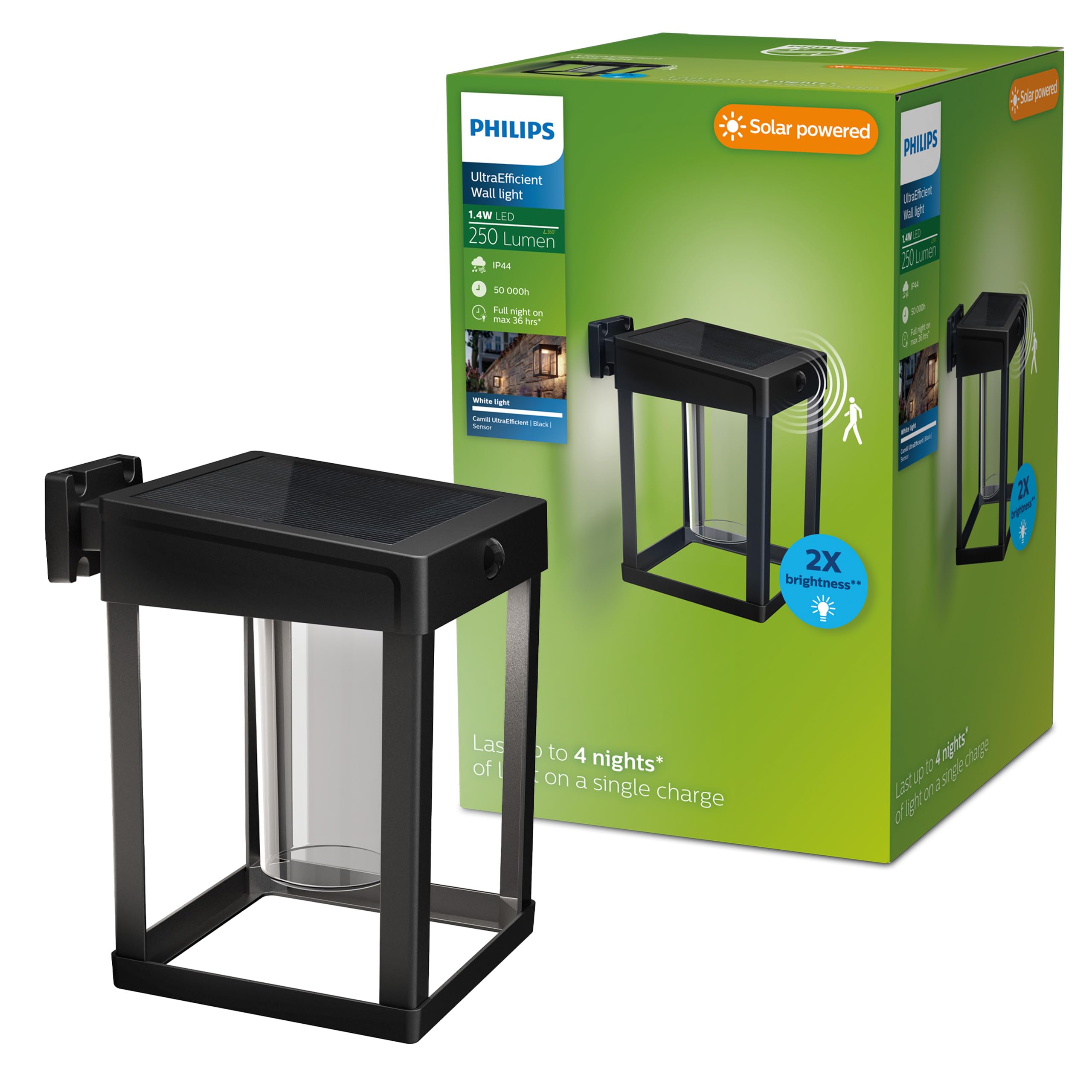 Philips Camill UltraEfficient, Applique murale solaire d'extérieur carrée, 1,4 W, 3000 K, noire, transparente, détecteur de mouvement, IP44 résistante aux intempéries