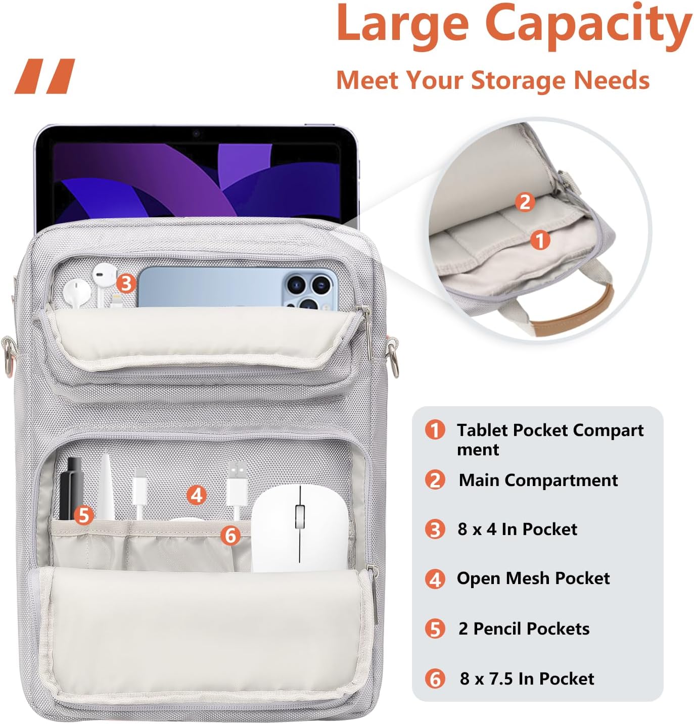10-13 Inch Tablet Sleeve Bag, Ipad Bag for 13 In/11 in New iPad Pro M4 & 13 in Air M2 2024,iPad Pro 12.9 M2&M1,Ipad 10.9,Galaxy Tab S8+/S9+ 12.4,with Removable Shoulder Strap(Silver) - Image 3