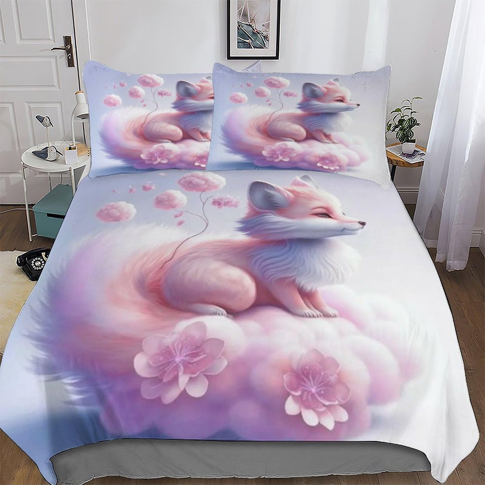 Housse de couette renard 220x240cm microfibre avec fermeture éclair et taies d'oreillers