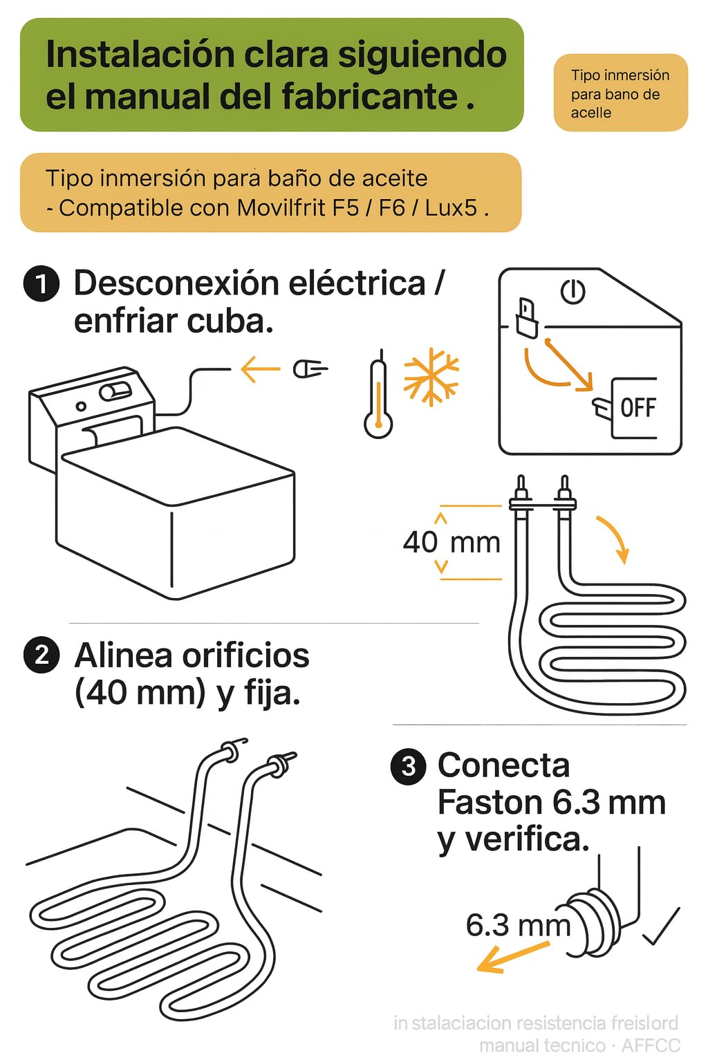 Resistencia Freidora 2000W 230V Inmersión P 901701 Recambio Hostelería para F5 y Lux 5 Tubo Ø8mm Sujeción 2 Orificios Faston 6.3mm Calentamiento Rápido Aceite Cocinas Industriales