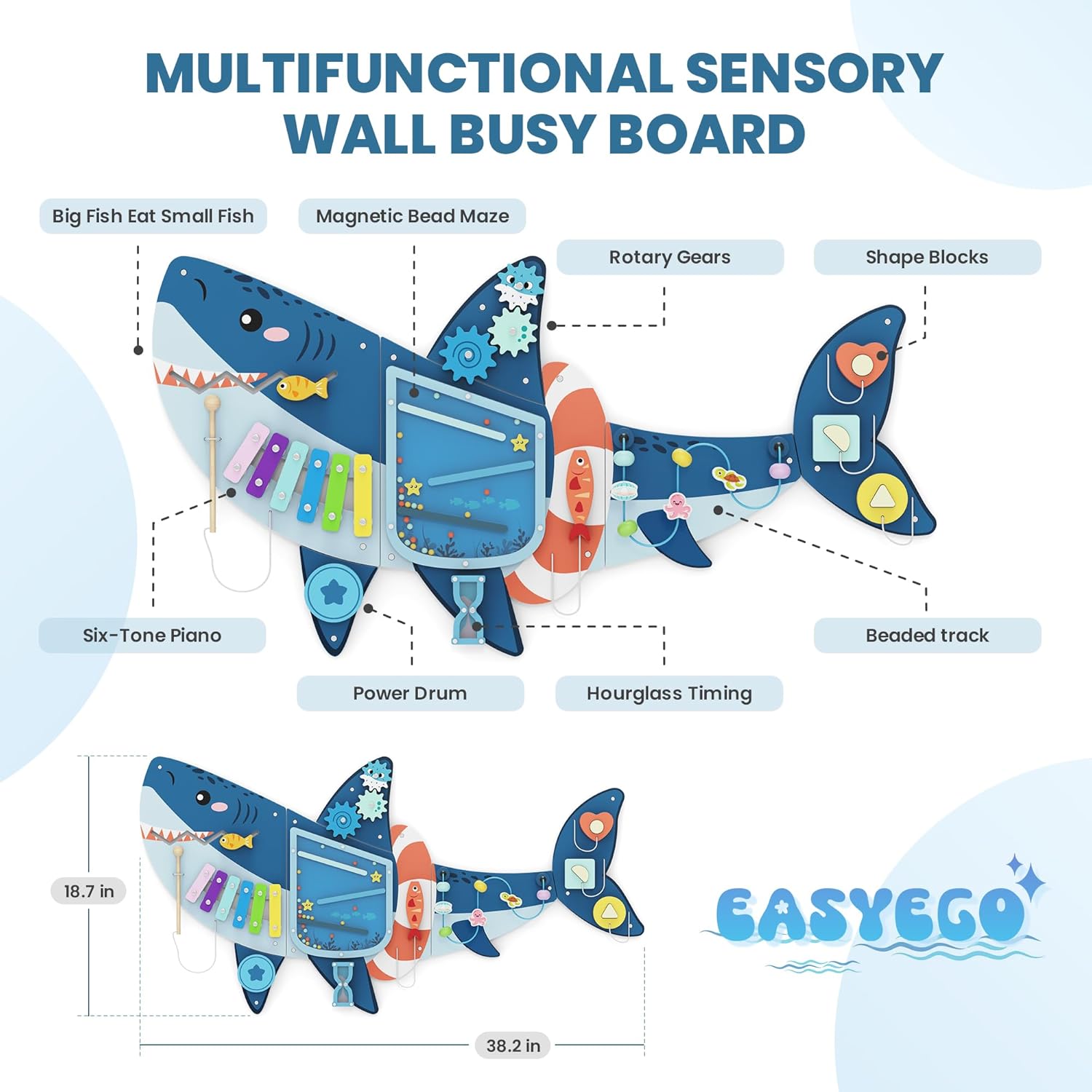 Easyego Shark Wall Busy Board Panels, Montessori Sensory Activity Center - Wooden Educational Toys for Toddlers, Promotes Holistic Development, Holiday/Birthday Gift for Boys & Girls