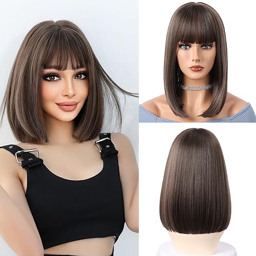 Pelucas de cabello sintético estilo Bob para mujer, pelucas lacias con flequillo, pelucas sintéticas de cabello natural (marrón oscuro con rosa)