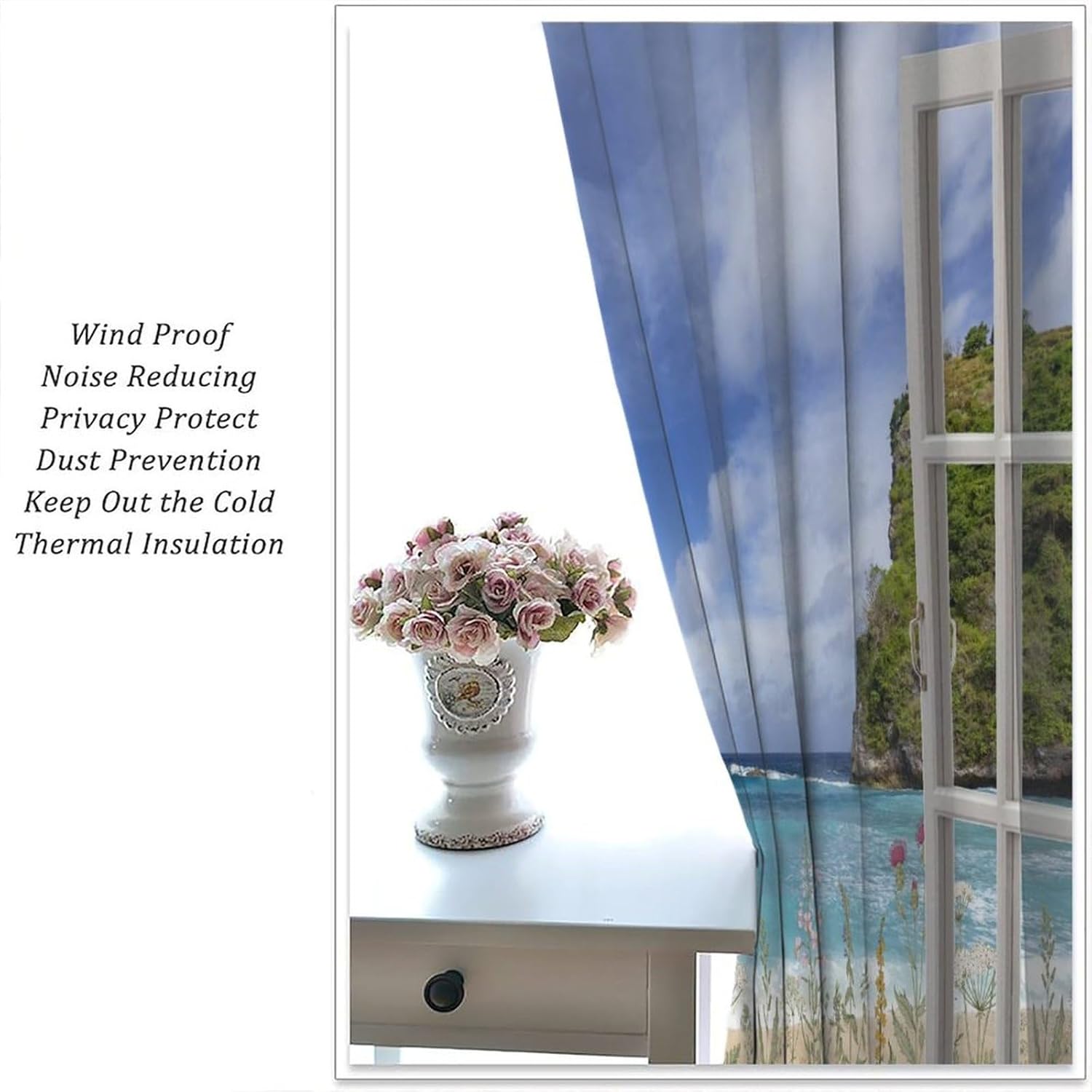 Ocean Beach Blackout Curtains Tropical Island Landscape Palm Trees Flowers Green Plants Window Treatments for Bedroom Kitchen Living Dining Room 55" W X 63" L