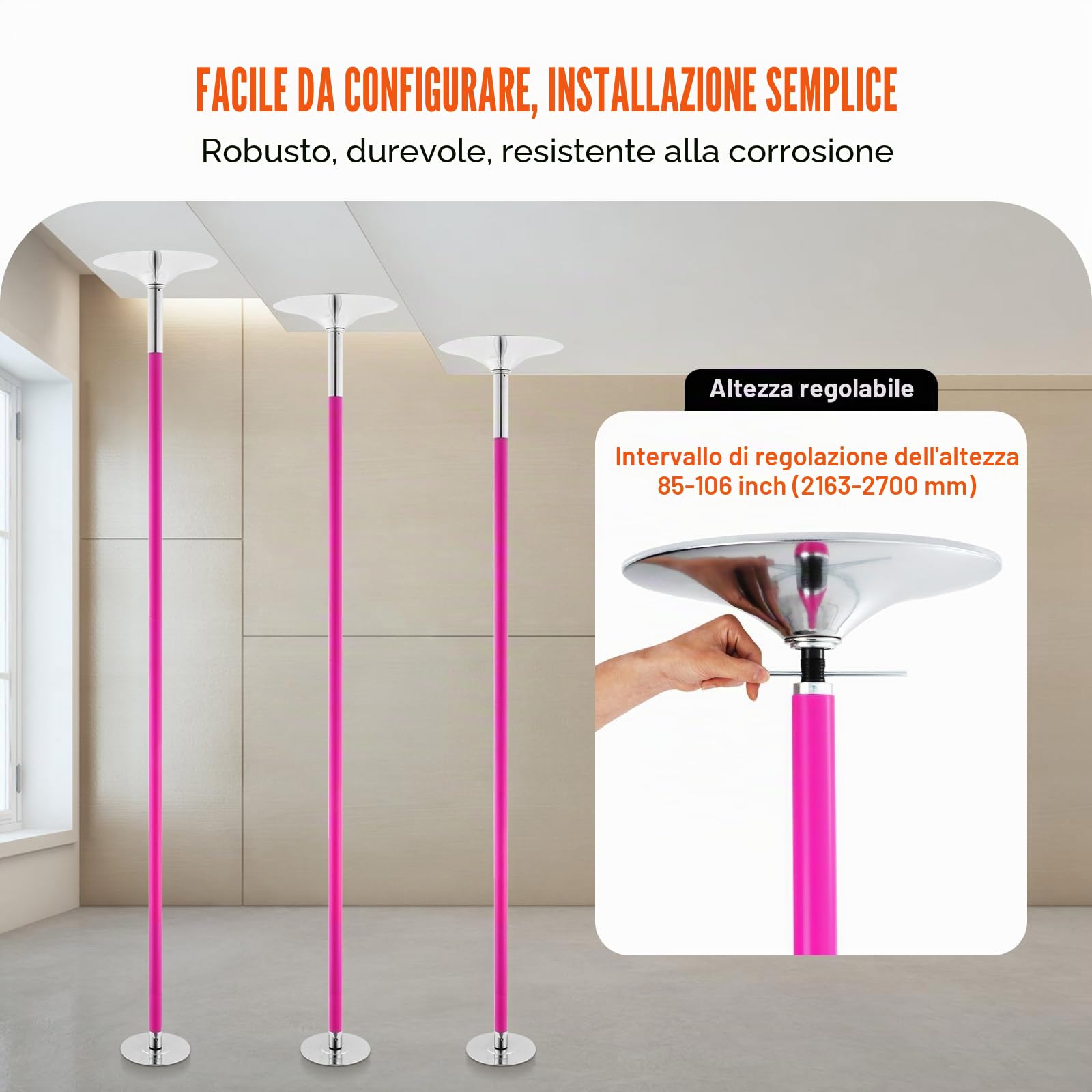 VEVOR Asta da Ballo, Asta da Ballo Portatile per Pole Dance Professionale Circa 216,3-270 cm, Asta da Fitness Rimovibile Regolabile in Altezza, Asta da Ballo statica da palestre
