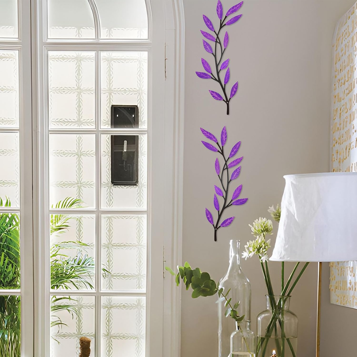 AHYS Metal Tree Leaf Wall Decor 2 PCS Rustic Vine Branch Leaf Wall Art for Living Room Bedroom Bathroom Decorations - Purple