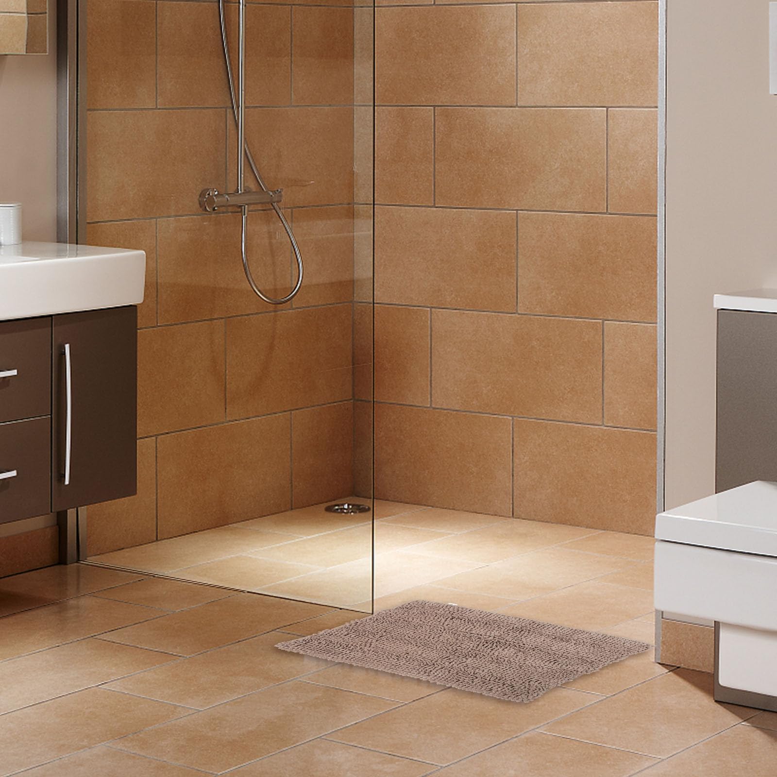 HEALLILY Alfombra de Baño Antideslizante y Absorbente de Chenilla Khaki Tapete Lavable a Máquina, Adecuado para Interiores y Entrada de Hogar