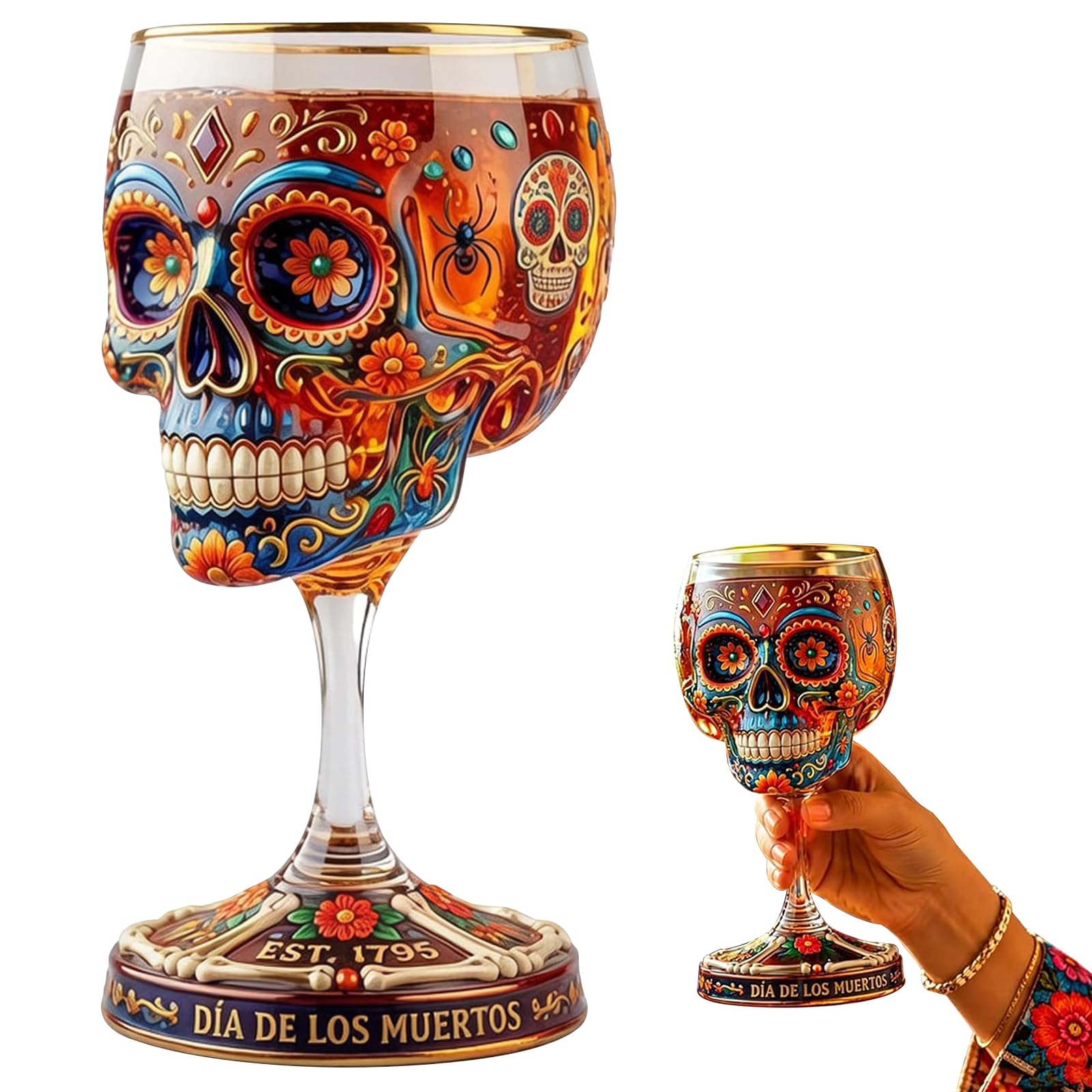 Miepkvl Day of the Dead Collector Goblet - imited Edition Art Glass, Skull Wine Glass, Handcrafted Day of the Dead Skeleton Floral Goblet, Gothic Skull Wine Chalice for Party Bar (1 PC)