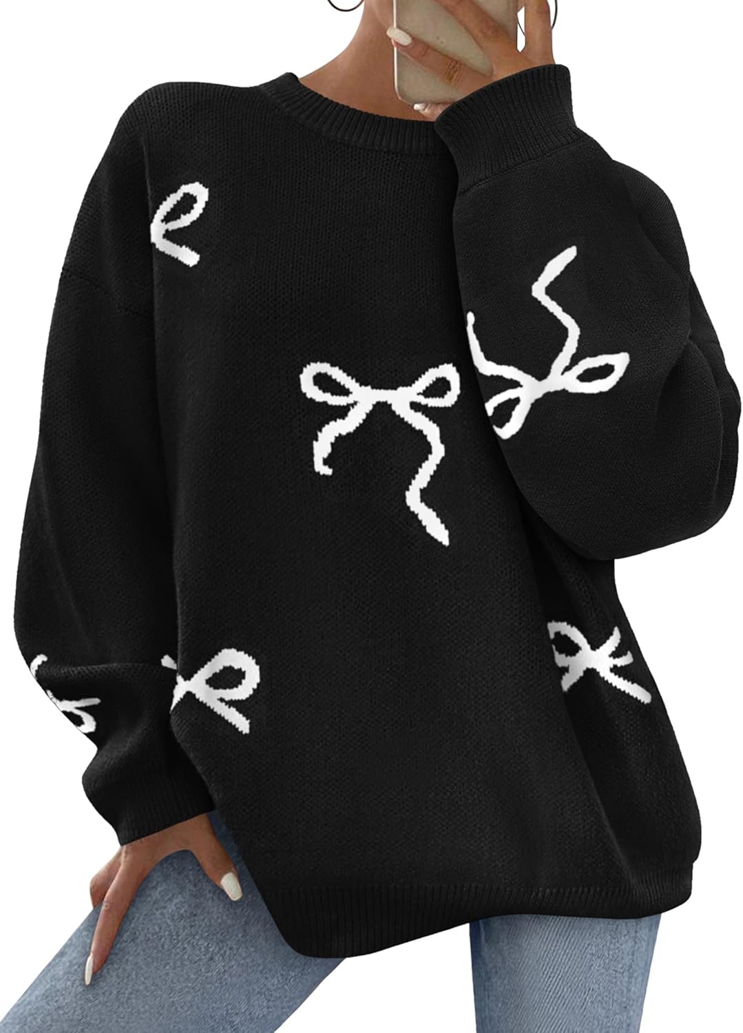 PRETTYGARDEN Fall Long Sleeve Pullover Sweaters for Women 2025 Trendy Crewneck Casual Cute Bow Chunky Knit Oversized Sweater