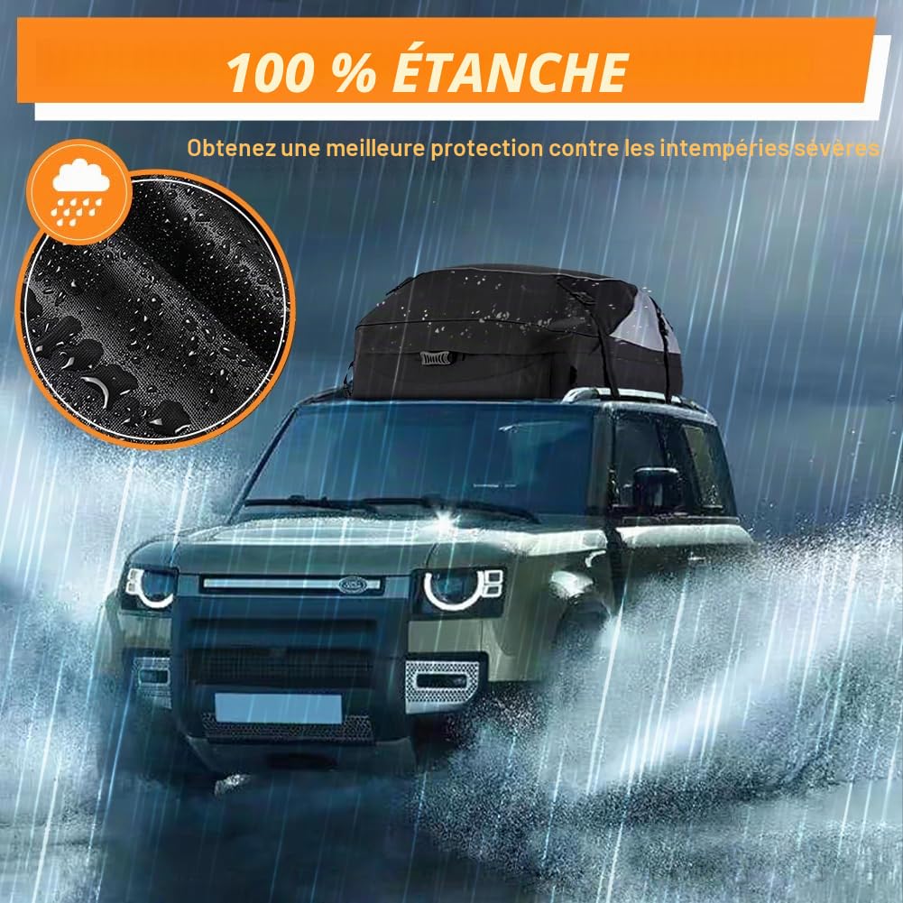 Coffre de toit pour voiture 595 L Pliable Étanche Sac de toit Boîte de rangement avec 6 boucles de renforcement pour véhicules avec/sans porte-bagages Transport de bagages, fourgonnettes, SUV