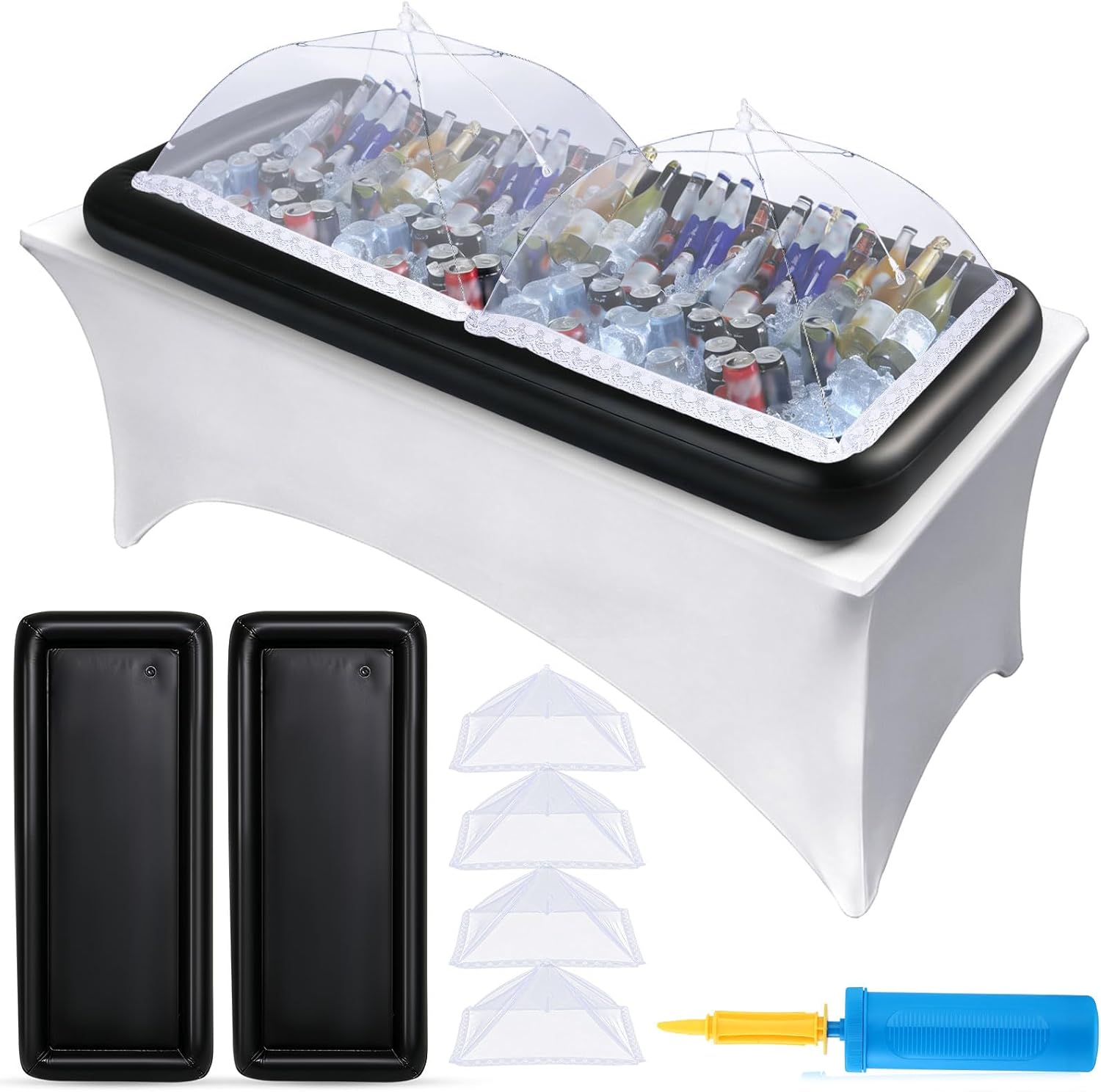 Baderke 6 Pcs Large Inflatable Serving Bar Kit 72 x 30 x 5'' Inflatable Buffet Cooler, Mesh Food Cover and Inflator, Ice Buffet Salad Serving Tray Food Drink Container for Pool Party (Black)