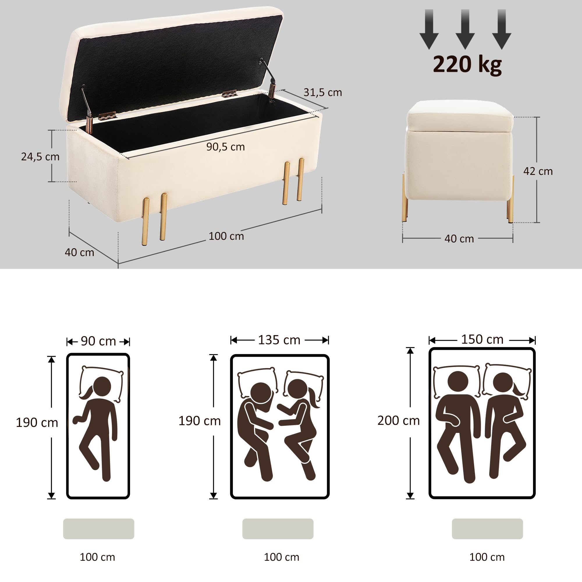 HOMCOM Banc de Rangement Design Contemporain 100L x 40l x 42H cm Beige | Coffre de Rangement, Banc avec Espace de Stockage, Velours, Piètement Métal Doré, Meubles pour Entrée