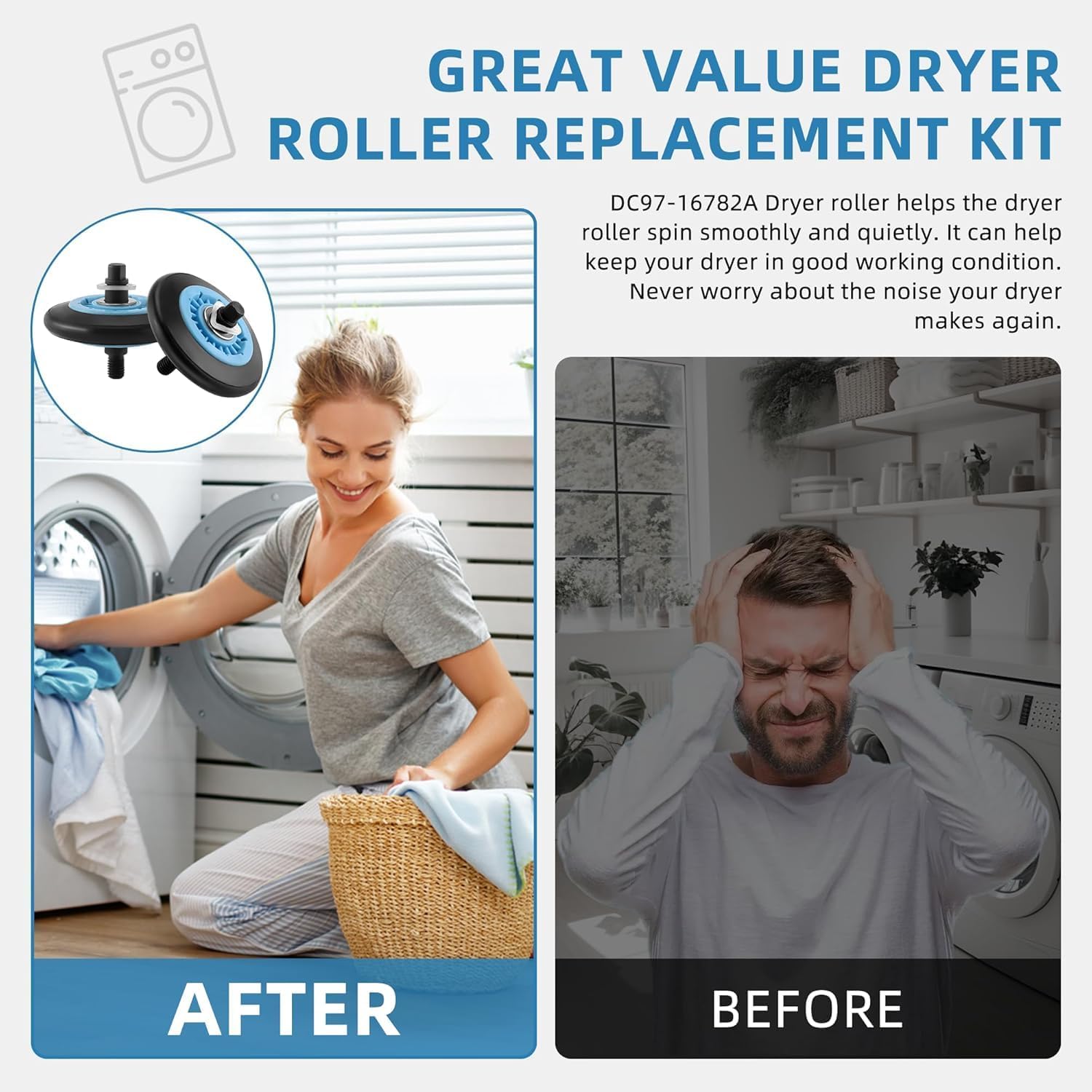 Dryer Repair Kit DC97-16782A Dryer Roller Compatible with Sam-sung DV50K86EV/A3 DV40J3000EW/A2 Includes 6602-001655 Dryer Belt DC93-00634A Dryer Idler Pulley with Tension Spring by AMI PARTS