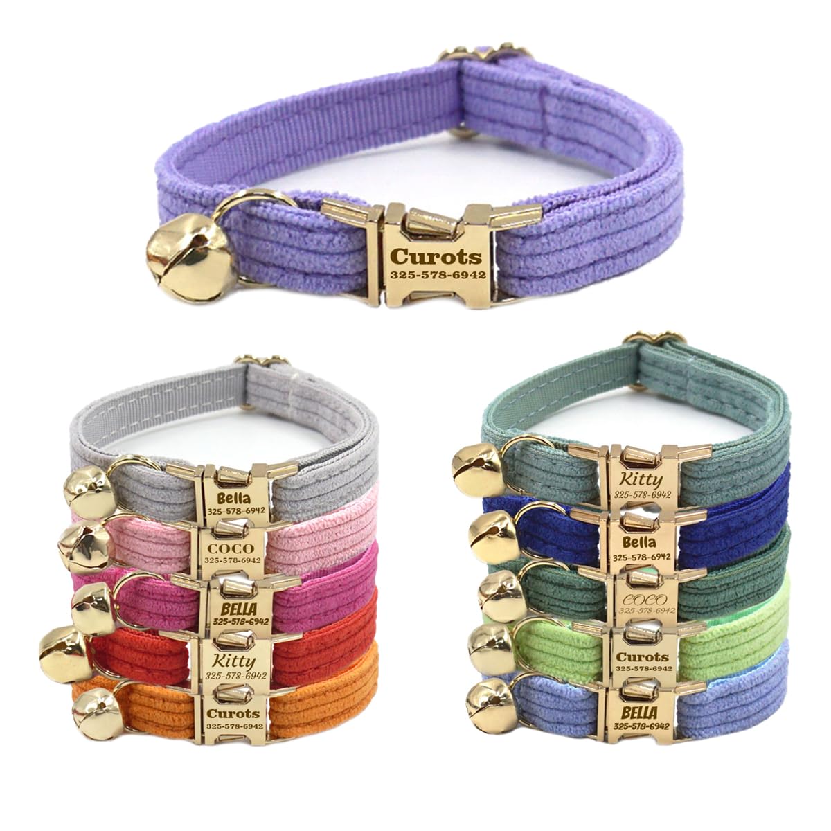 Collar de gato personalizado con nombre de mascota, número de teléfono, hebilla de metal grabada, collares de identificación de gato de terciopelo ajustables personalizados con campana para niños y