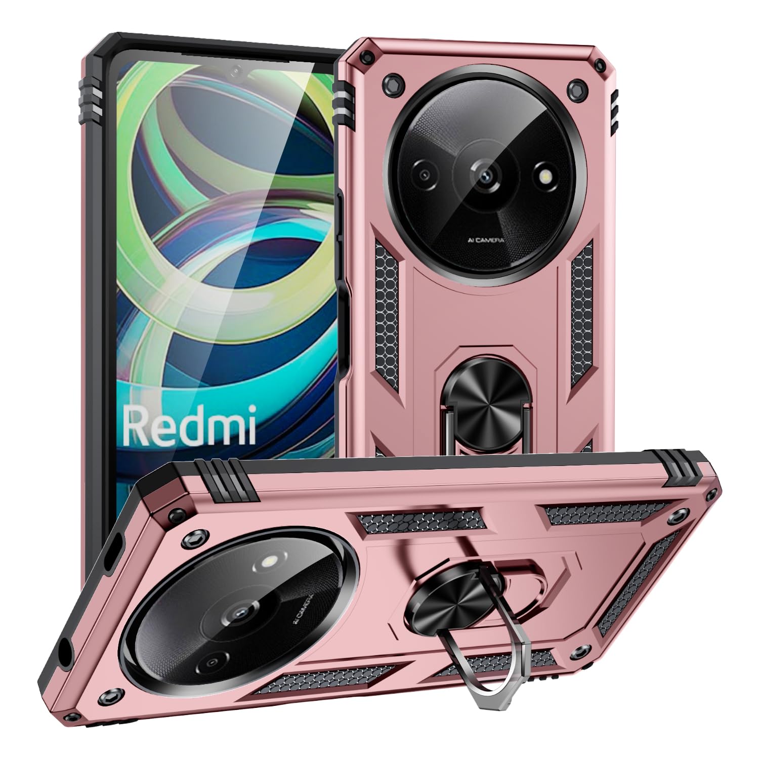 ILING Handyhülle Für Xiaomi Redmi A3 Mit 360° Ring-Ständer & Goldrand – Stoßfest, TPU, Grau