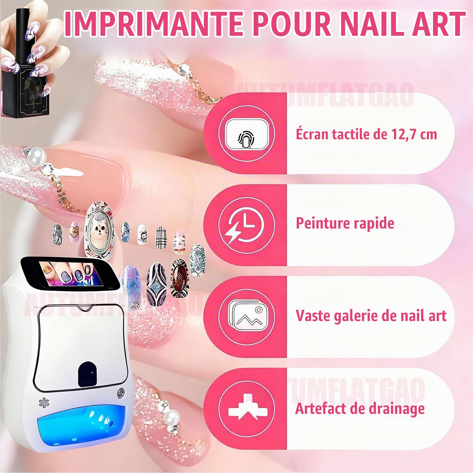 Mini Imprimante pour Ongles, Machine Imprimante Ongles Nail Art Automatique Et Intelligente avec écran Tactile, Impression en 10s, Imprimante a Ongle pour Les Amateurs De Manucure