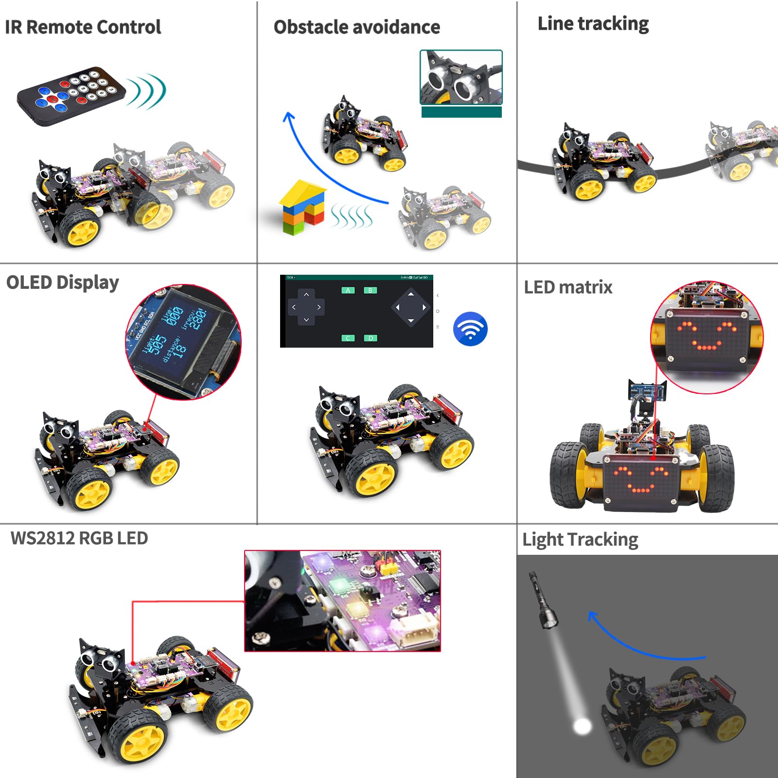 Adeept Kit de coche inteligente 4WD (compatible con Arduino IDE), seguimiento de línea, trazado de luz, prevención de obstáculos, servomotor, pantalla OLED, zumbador, pantalla LED de matriz de puntos