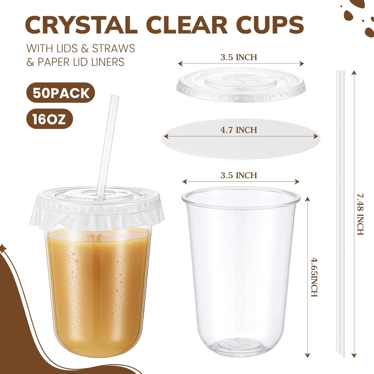 50 Sets Clear Plastic Cups with Lids, Straws, and Paper Cap Liners, Disposable Iced Coffee Cups Drinking Cup for Cold Drinks, Juice, Smoothie, Coffee Shops, Party, Christmas (16oz,Clear) - Image 4