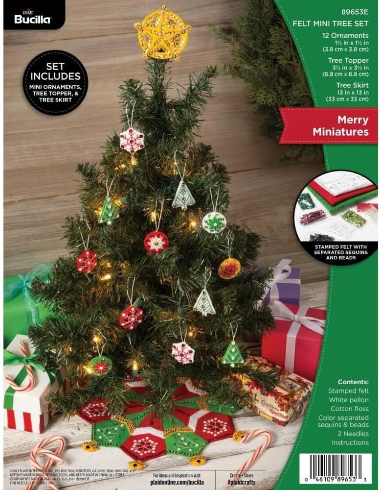 Bucilla Felt Applique 14 Piece Mini Tree Making Kit, Merry Miniatures, Perfect for Holiday DIY Arts and Crafts, 89653E