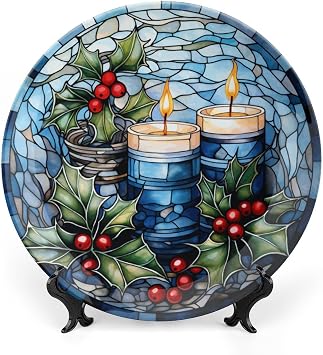 Christmas Decorative Plates for Wall Hanging, Candle & Red Holly Ceramic Plate, Blue Stained Glass Design Wobble-Plate with Display Stand, Home Decor for Kitchen Cabinets, Farmhouse Round Tray 8 Inch