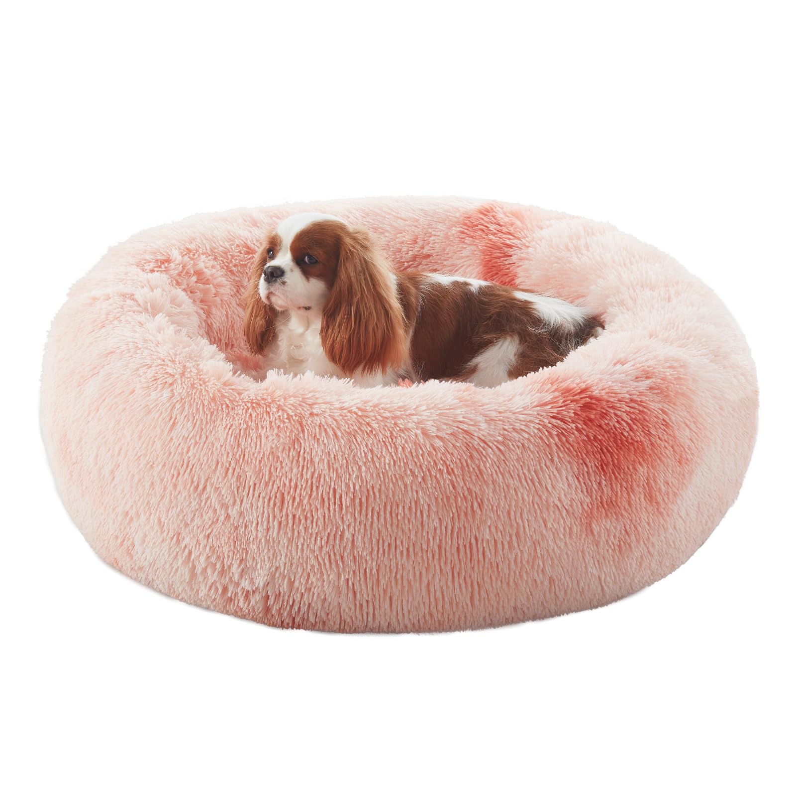 BedStill 30 in Faux Fur Fluffy Donut Dog Bed for Medium Dogs,Tie-dye Pink