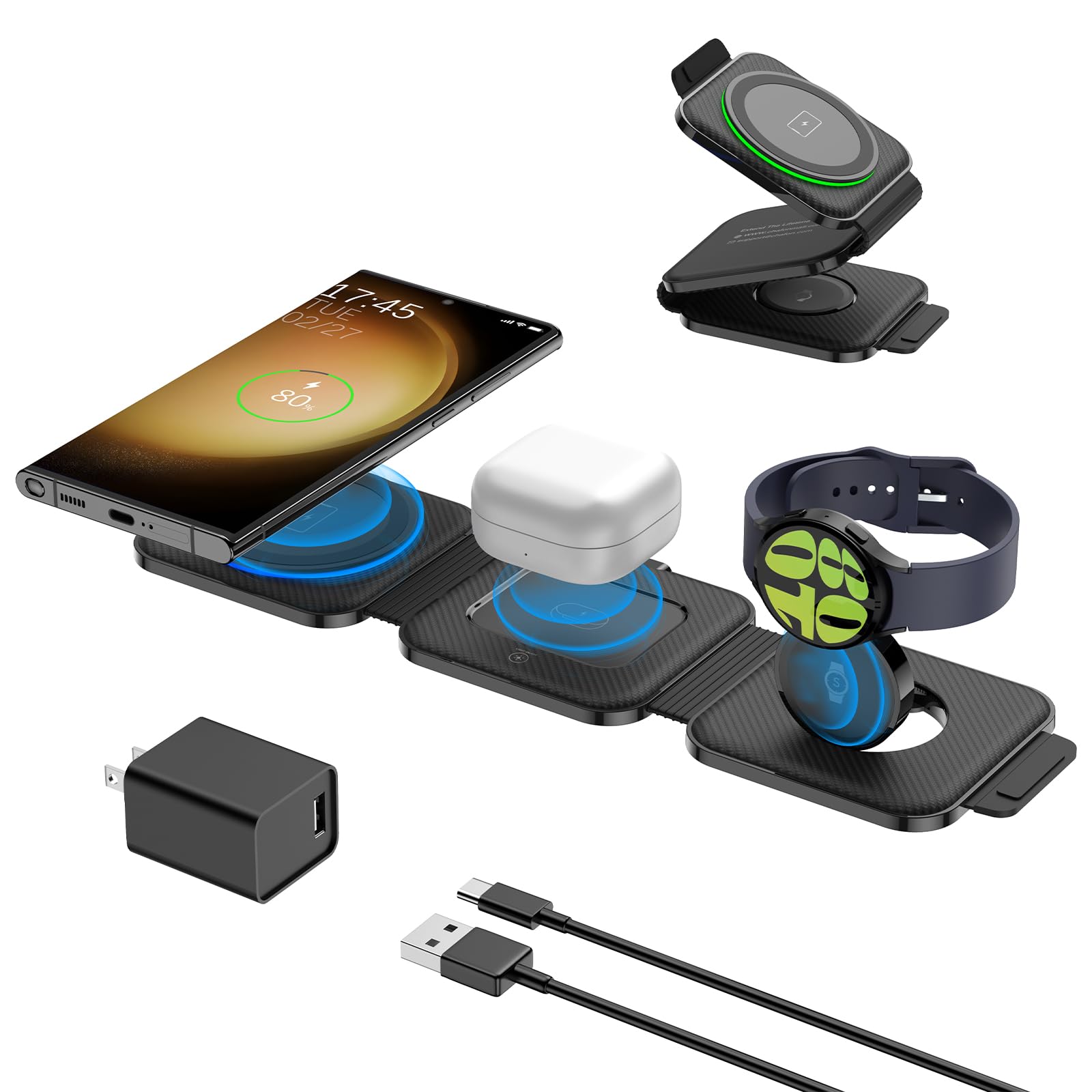 Pocket Wireless Charging Station for Samsung Android Devices, Foldable 3 in 1 Fast Wireless Charger for Samsung Galaxy S23 Ultra Z Flip Fold 5/4, Wireless Watch Charger for Galaxy Watch 6/5/Buds 2 Pro