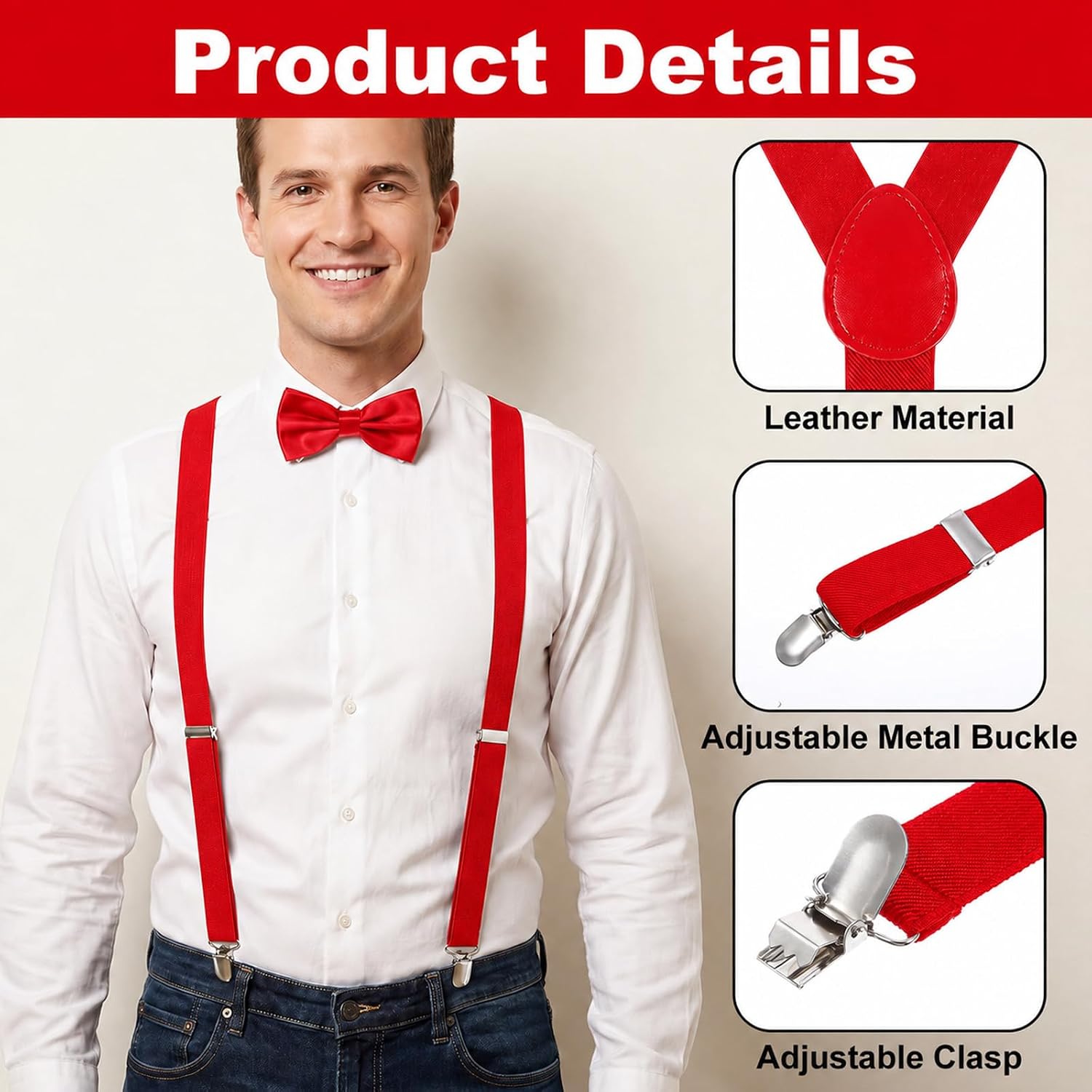 Suspenders and Bow Tie Set for Men Adjustable Elastic Braces with Y-Back