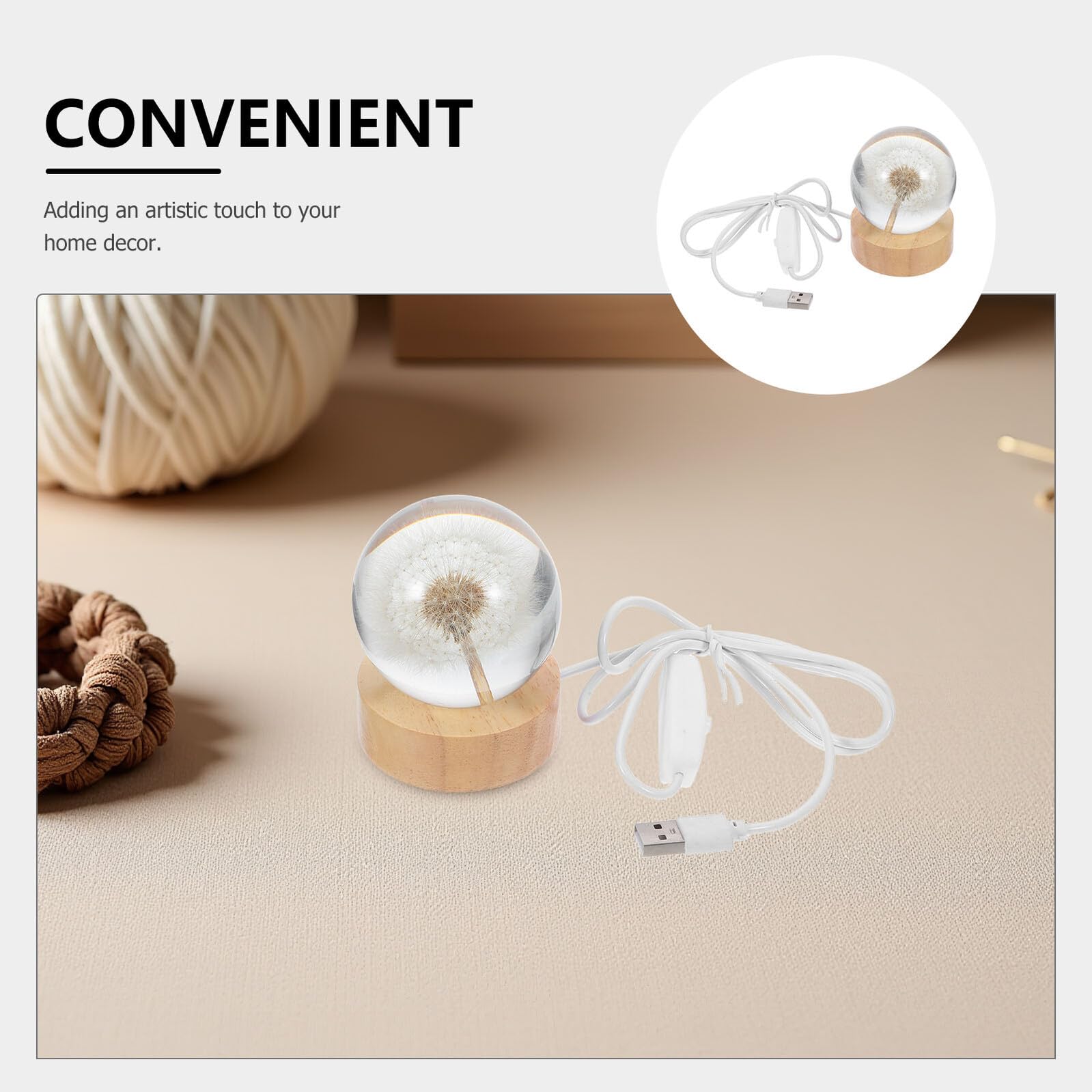 SHINEOFI Lampada da Tavolo in Cristallo 3d a Sfera con Incisione Tarassaco, Luce Notturna Decorativa USB con Base in Legno Massello, Globo Luminoso per Atmosfera Calda e Regalo Elegante