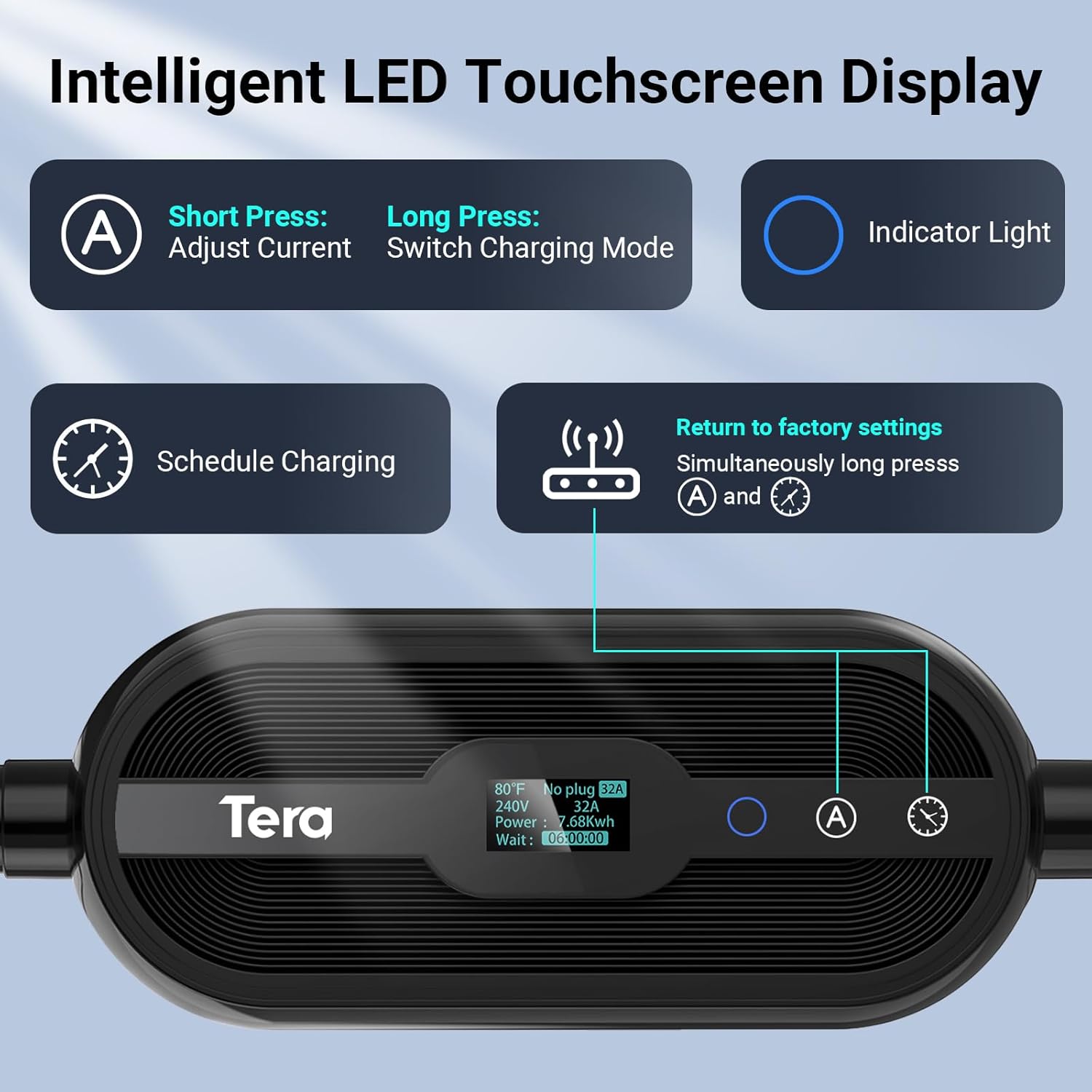 Close-up of the Tera EV Charger's intelligent LED touchscreen display, showing controls for current adjustment, charging mode, schedule, and indicator light.