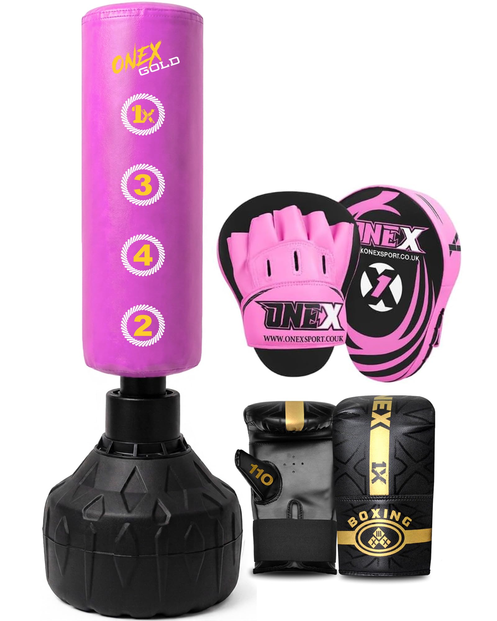 ONEX Punch Bag Free Standing Adult - 5ft filled Heavy Duty Pedestal Stand Boxing Bag for Kickboxing MMA Martial Arts karate Gym & Home Fitness Workout (Pink With Gloves & Pad)