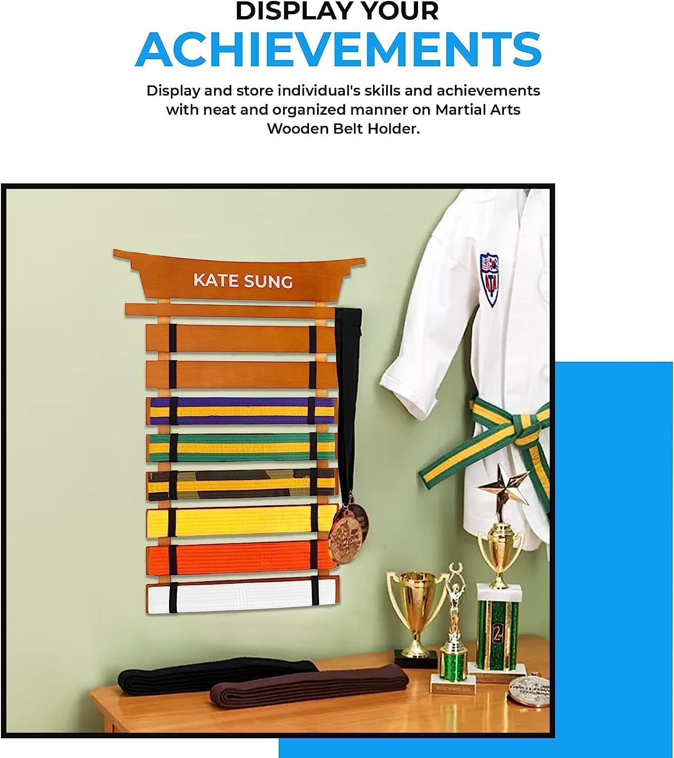 Personalized Passion Display Karate Belt Rack - Perfect Sized Martial Arts Hanging Holder for 8 Belts - Customized Name Display Rack for Adults and Kids