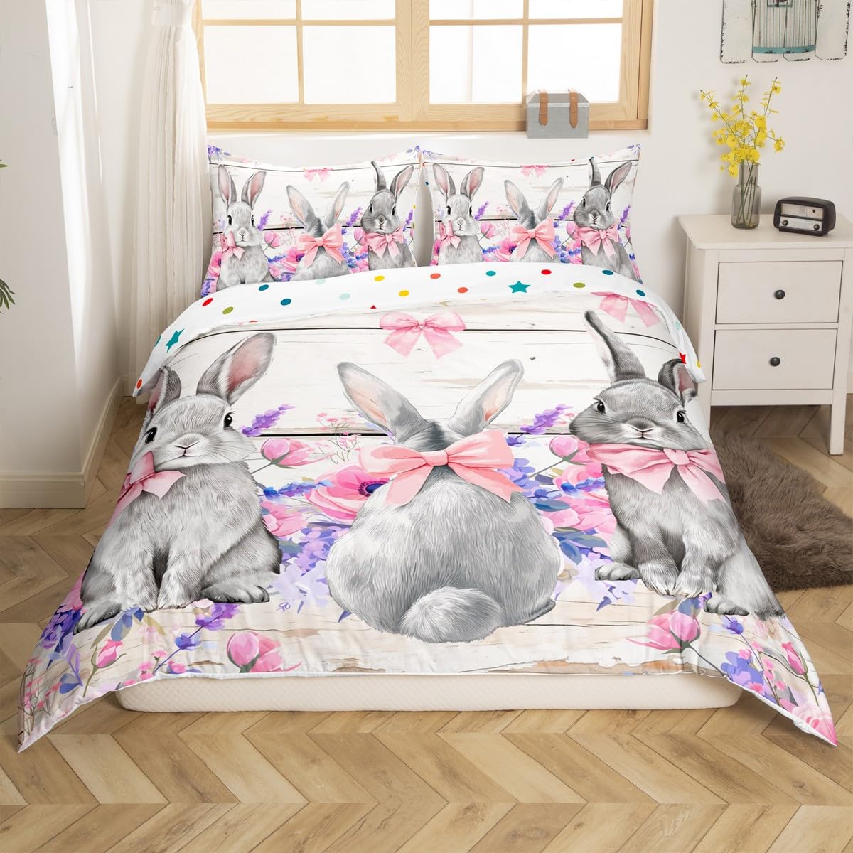 Grey Rabbits Duvet Cover Twin Size for Kids Teens,Rustic Farmhouse Wooden Stripes 2 Pieces Duvet Cover,Watercolor Purple Flowers Soft Comforter Cover (Not Comforter),Happy Easter Quilt Cover