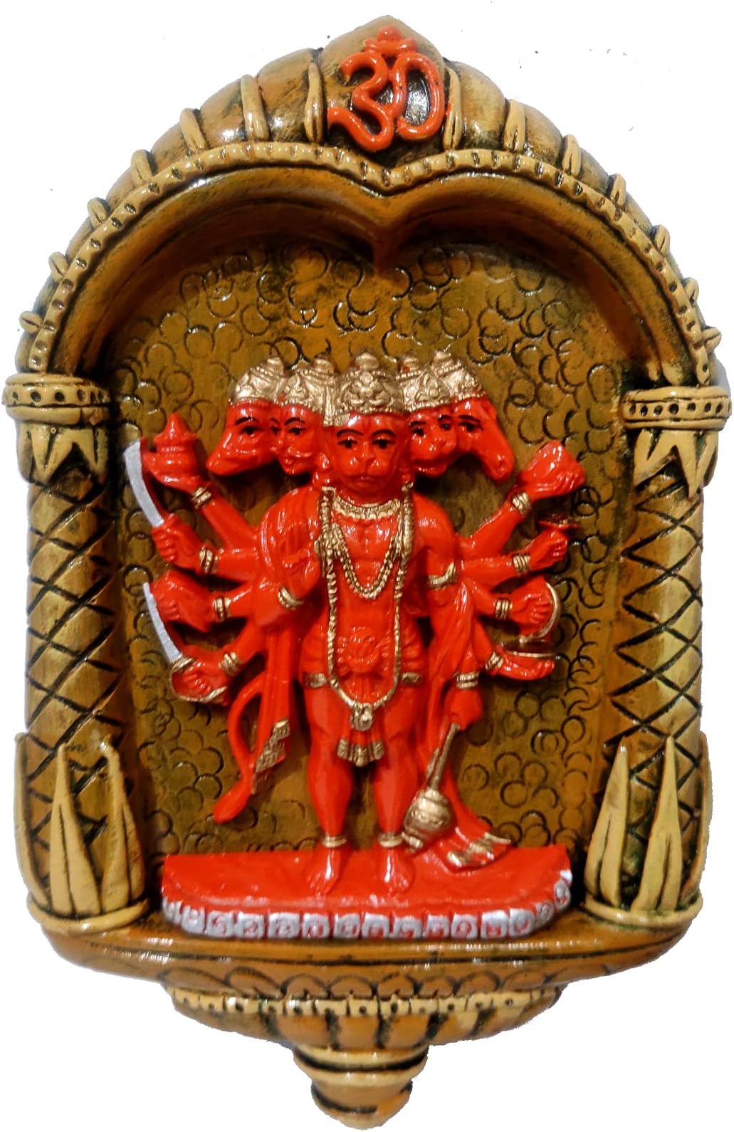 Purpledip Resin Wall Hanging Panchmukhi Hanuman With Elegant Arch Temple Design: Collectible Wall Decor (12391)